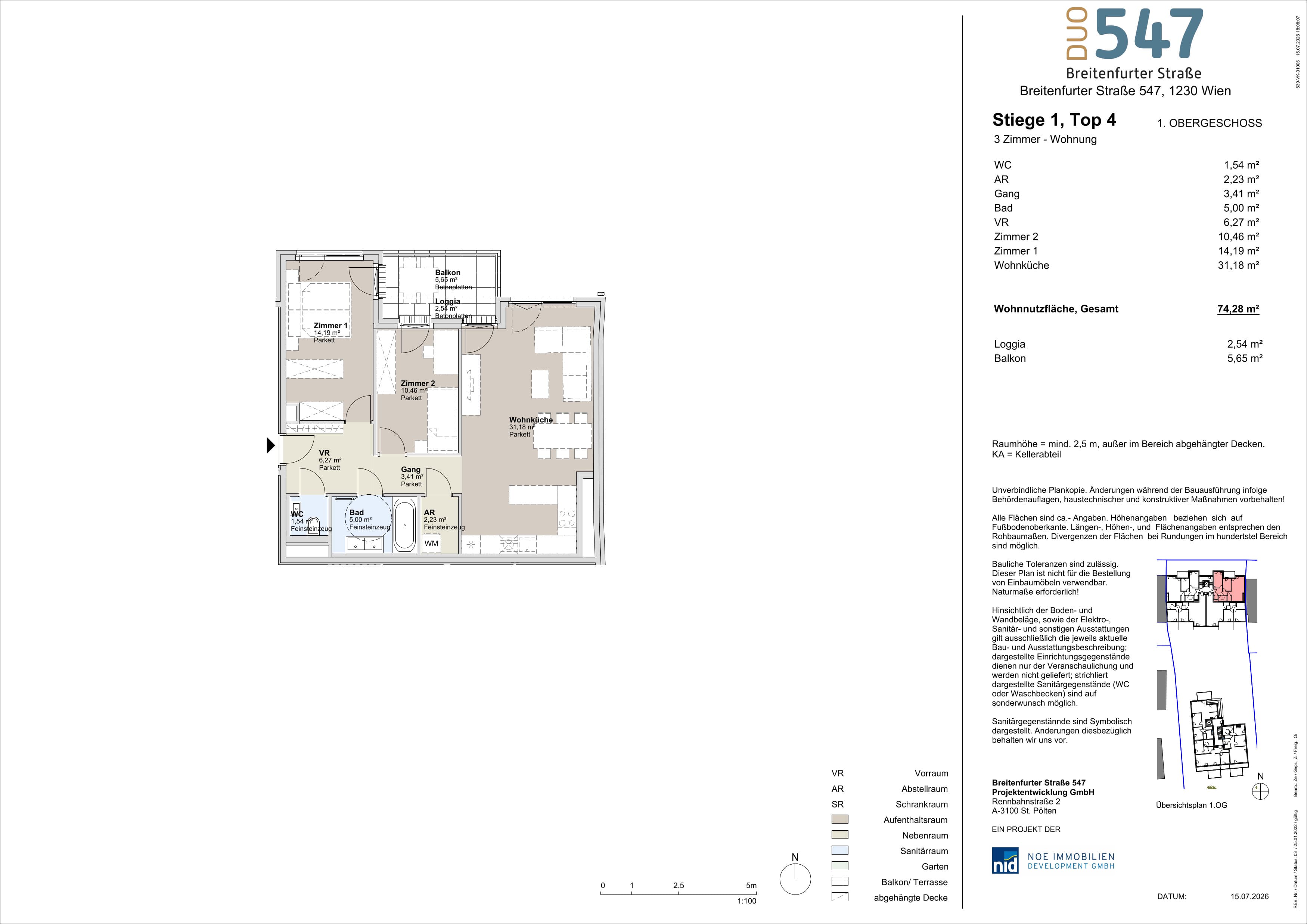 Grundriss Top 1/4 — DUO547 | Breitenfurter Straße — 3 Zimmer — 74,3 m² — 1. Etage