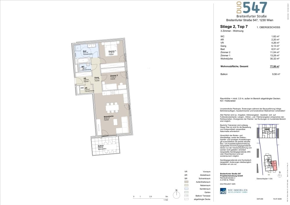 Grundriss Top 2/7 — DUO547 | Breitenfurter Straße — 3 Zimmer — 77,6 m² — 1. Etage