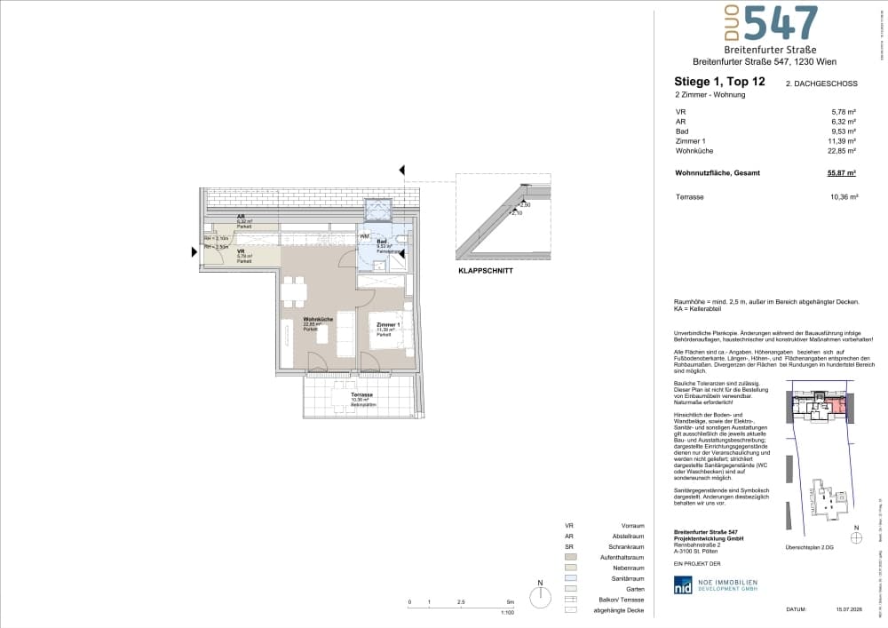 Grundriss Top 1/12 — DUO547 | Breitenfurter Straße — 2 Zimmer — 55,9 m² — 2. DG