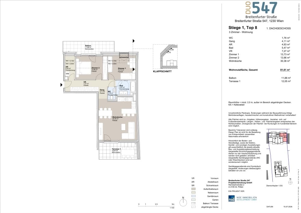 Grundriss Top 1/8 — DUO547 | Breitenfurter Straße — 3 Zimmer — 81,6 m² — 1. DG