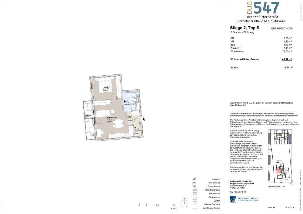 Grundriss Top 2/5 — DUO547 | Breitenfurter Straße — 2 Zimmer — 45,1 m² — 1. Etage