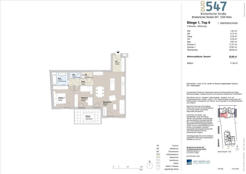 Grundriss Top 1/6 — DUO547 | Breitenfurter Straße — 3 Zimmer — 82,9 m² — 1. Etage