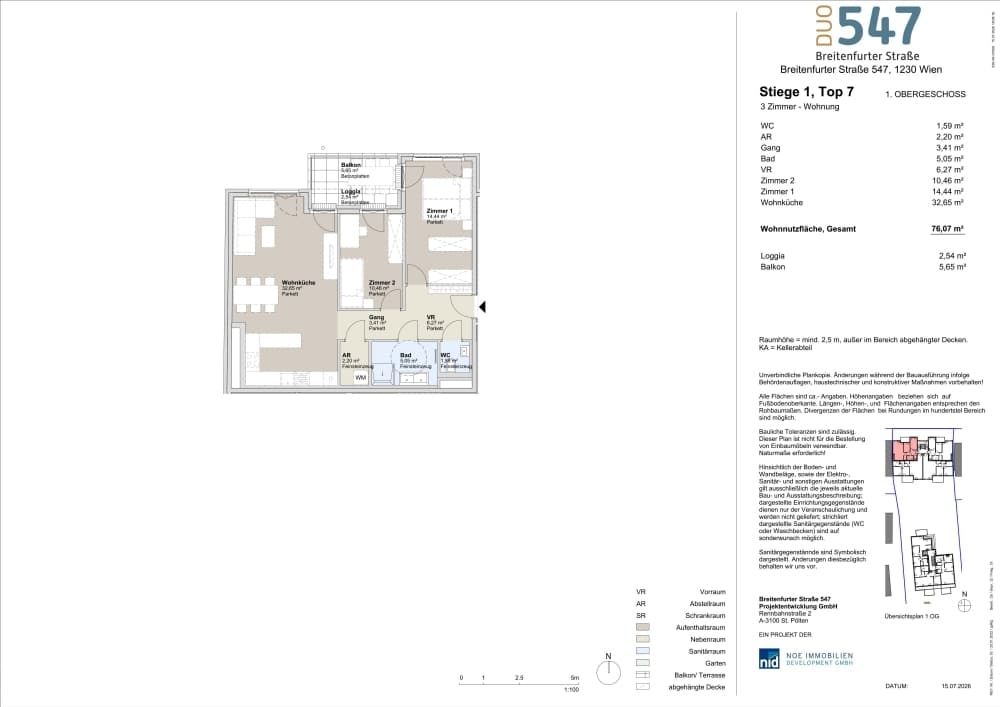 Grundriss Top 1/7 — DUO547 | Breitenfurter Straße — 3 Zimmer — 76,1 m² — 1. Etage