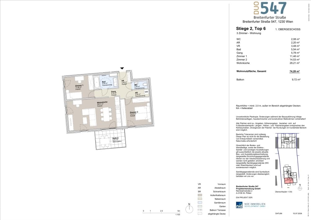 Grundriss Top 2/6 — DUO547 | Breitenfurter Straße — 3 Zimmer — 74,3 m² — 1. Etage