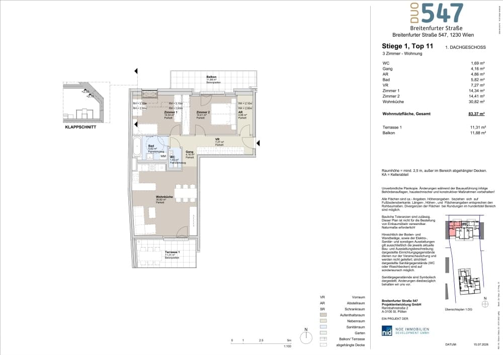 Grundriss Top 1/11 — DUO547 | Breitenfurter Straße — 3 Zimmer — 83,4 m² — 1. DG