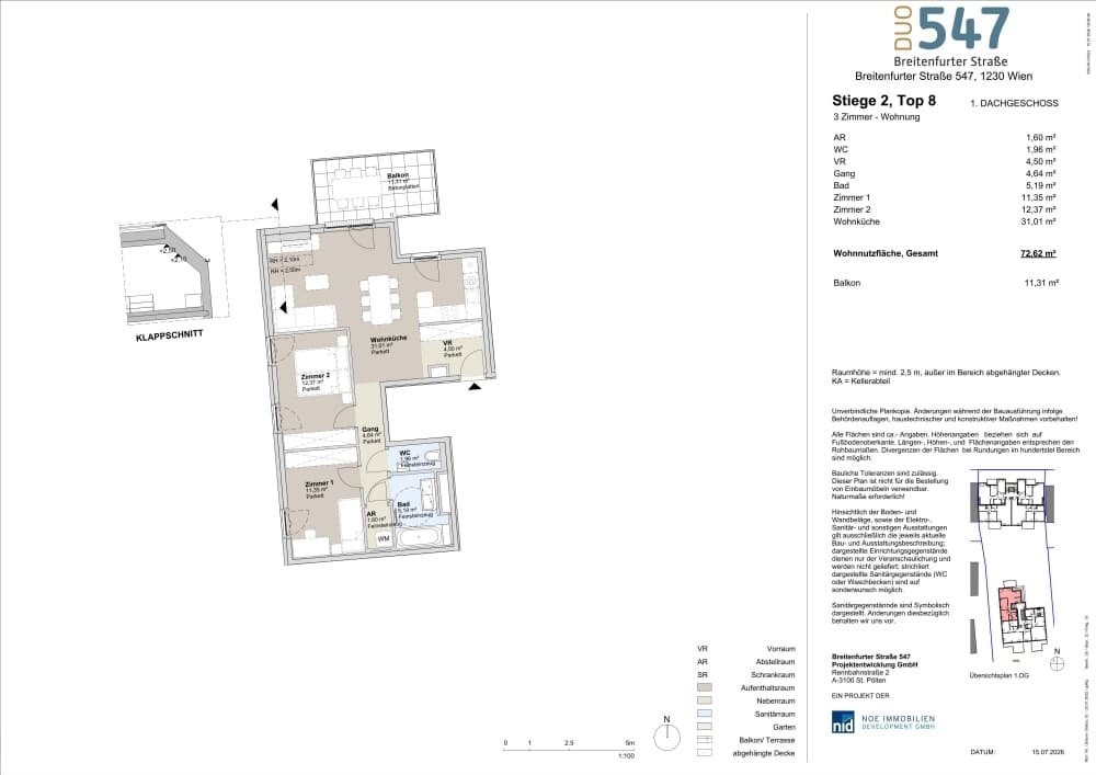 Grundriss Top 2/8 — DUO547 | Breitenfurter Straße — 3 Zimmer — 72,6 m² — 1. DG