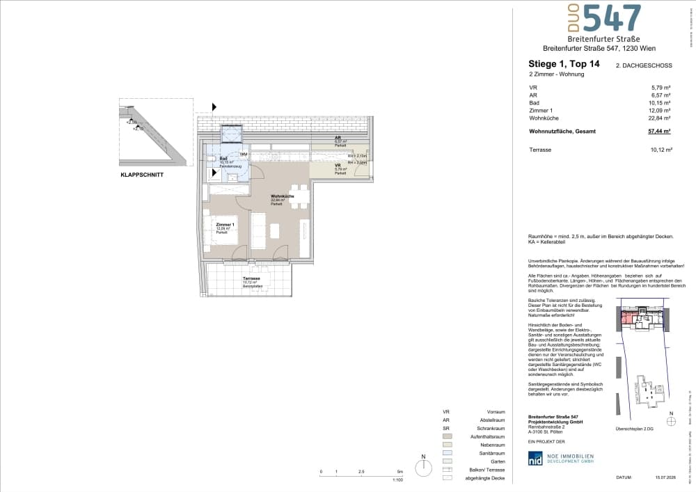 Grundriss Top 1/14 — DUO547 | Breitenfurter Straße — 2 Zimmer — 57,4 m² — 2. DG