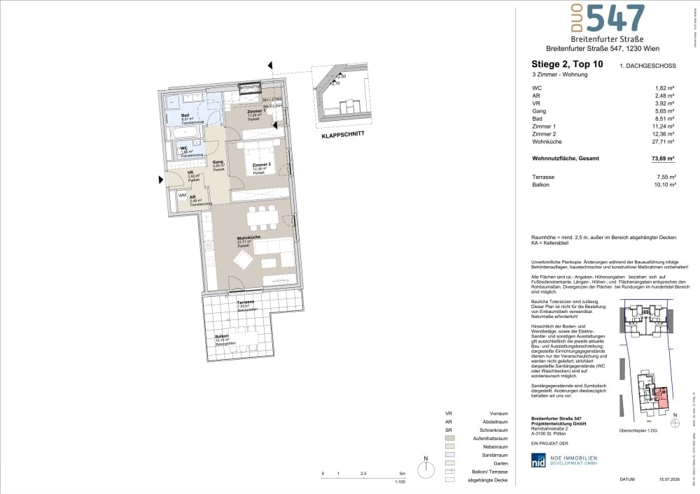 Grundriss Top 2/10 — DUO547 | Breitenfurter Straße — 3 Zimmer — 73,7 m² — 1. DG