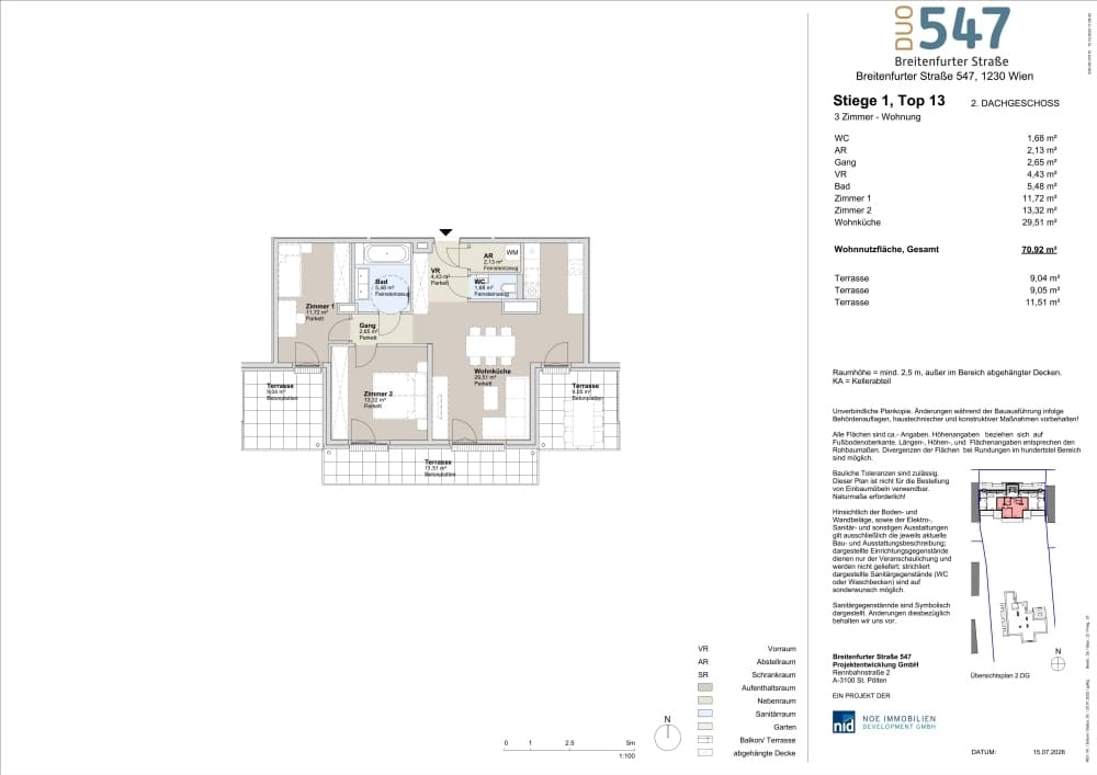 Grundriss Top 1/13 — DUO547 | Breitenfurter Straße — 3 Zimmer — 70,9 m² — 2. DG