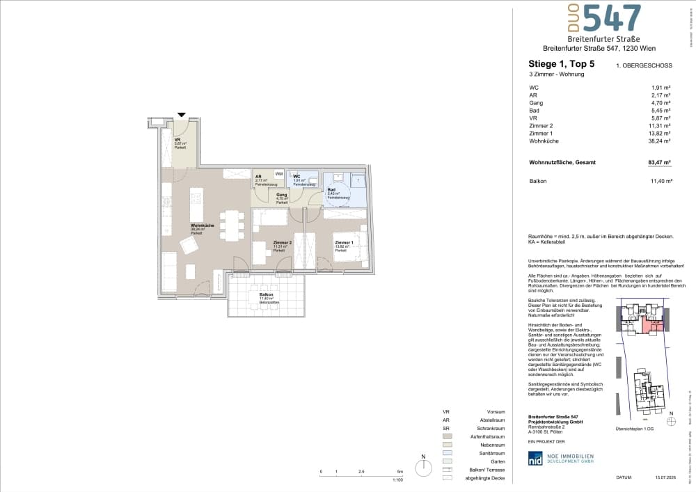 Grundriss Top 1/5 — DUO547 | Breitenfurter Straße — 3 Zimmer — 83,5 m² — 1. Etage