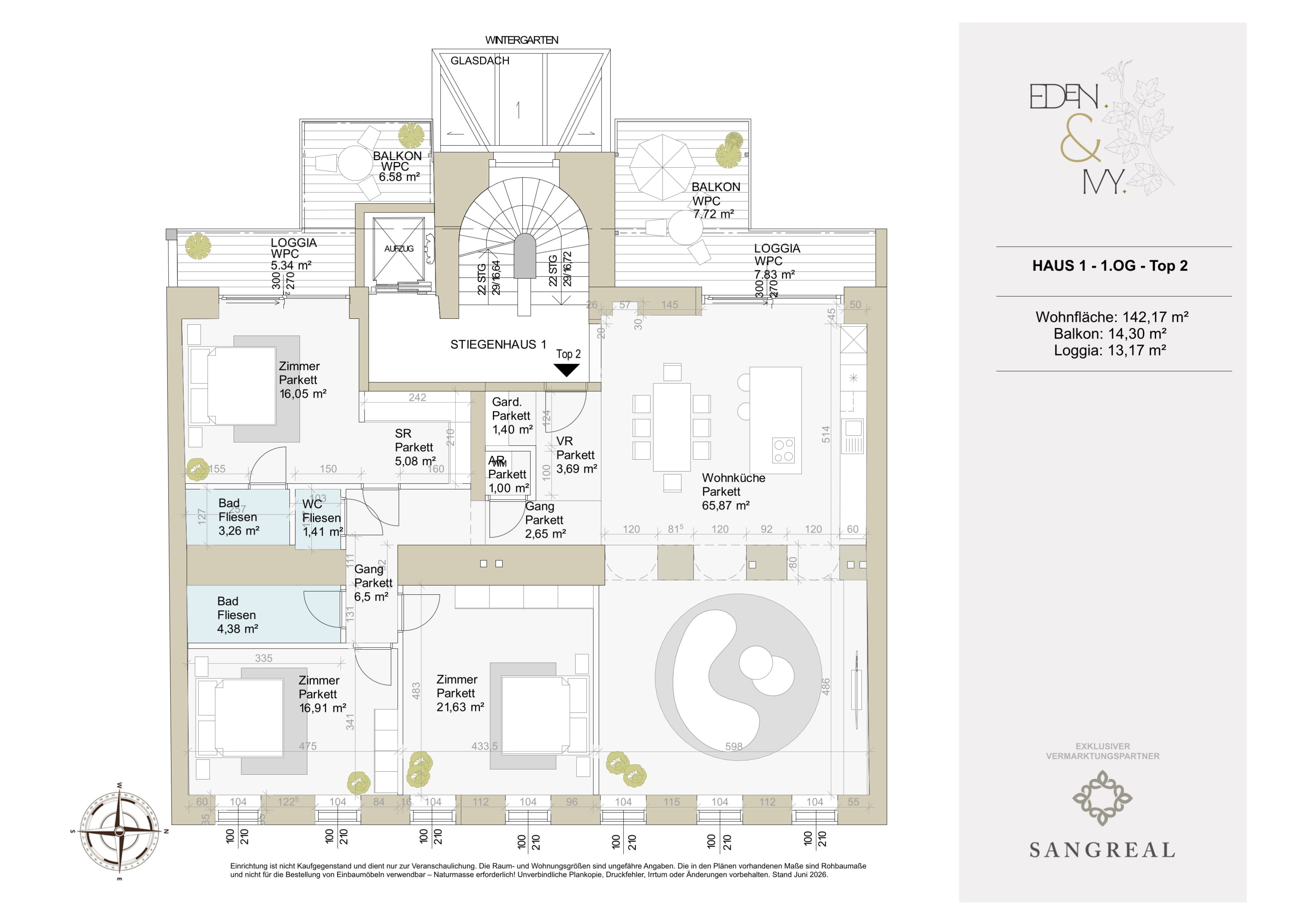 Grundriss Top 1/2V #1257 — EDEN & IVY — 4 Zimmer — 142,2 m² — 1. Etage — Südwest