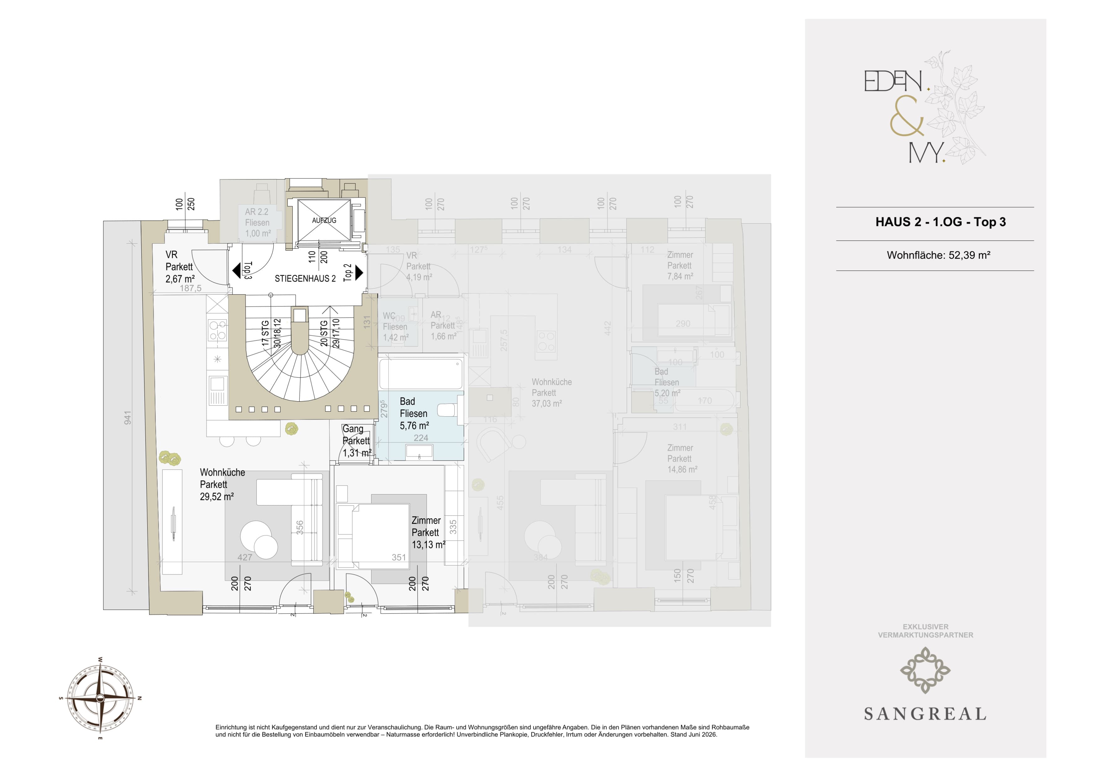 Grundriss Top 2/3 #1258 — EDEN & IVY — 2 Zimmer — 52,4 m² — 1. Etage