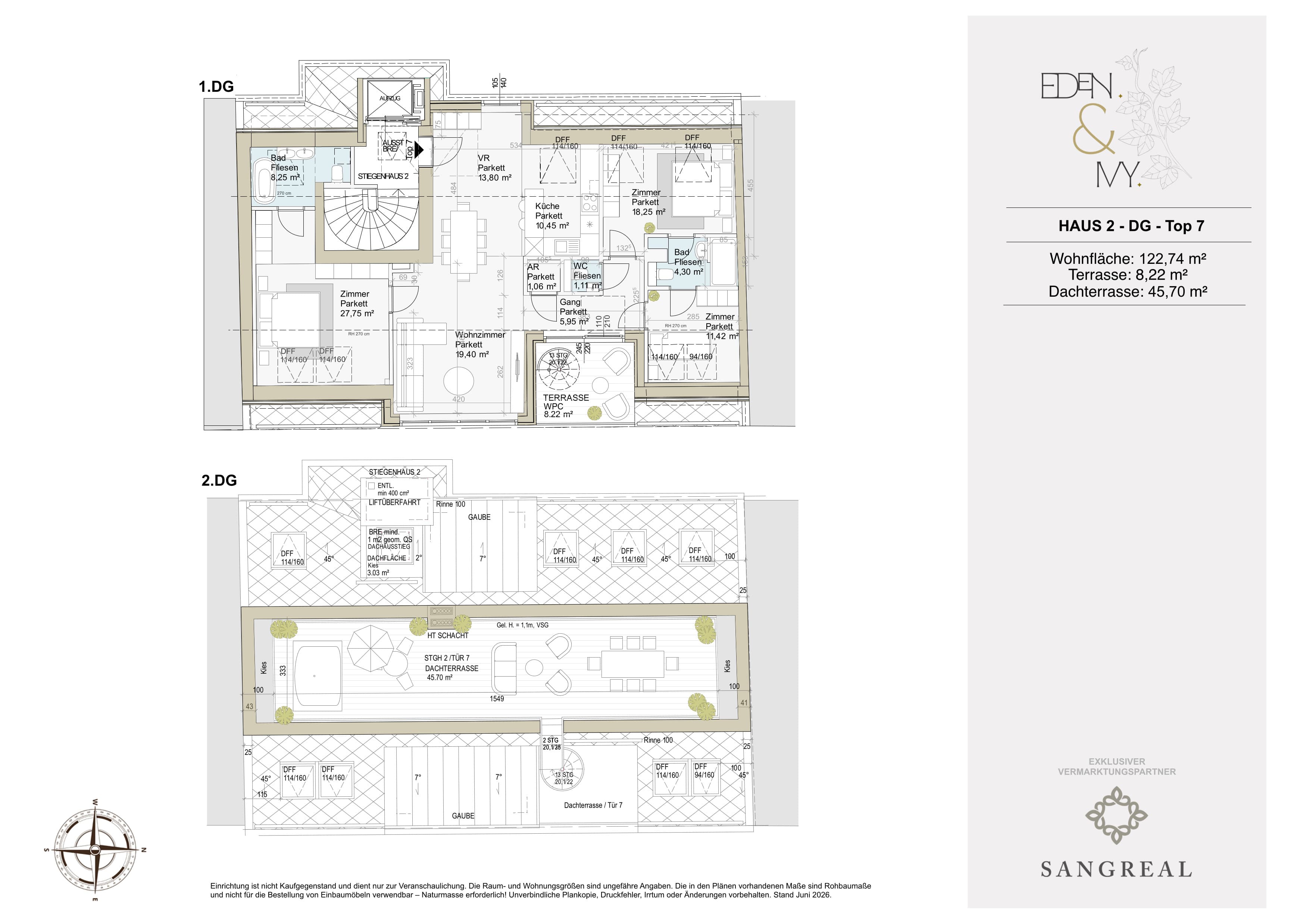 Grundriss Top 2/7 #1165 — EDEN & IVY — 4 Zimmer — 124,5 m² — DG — Ost, Südwest