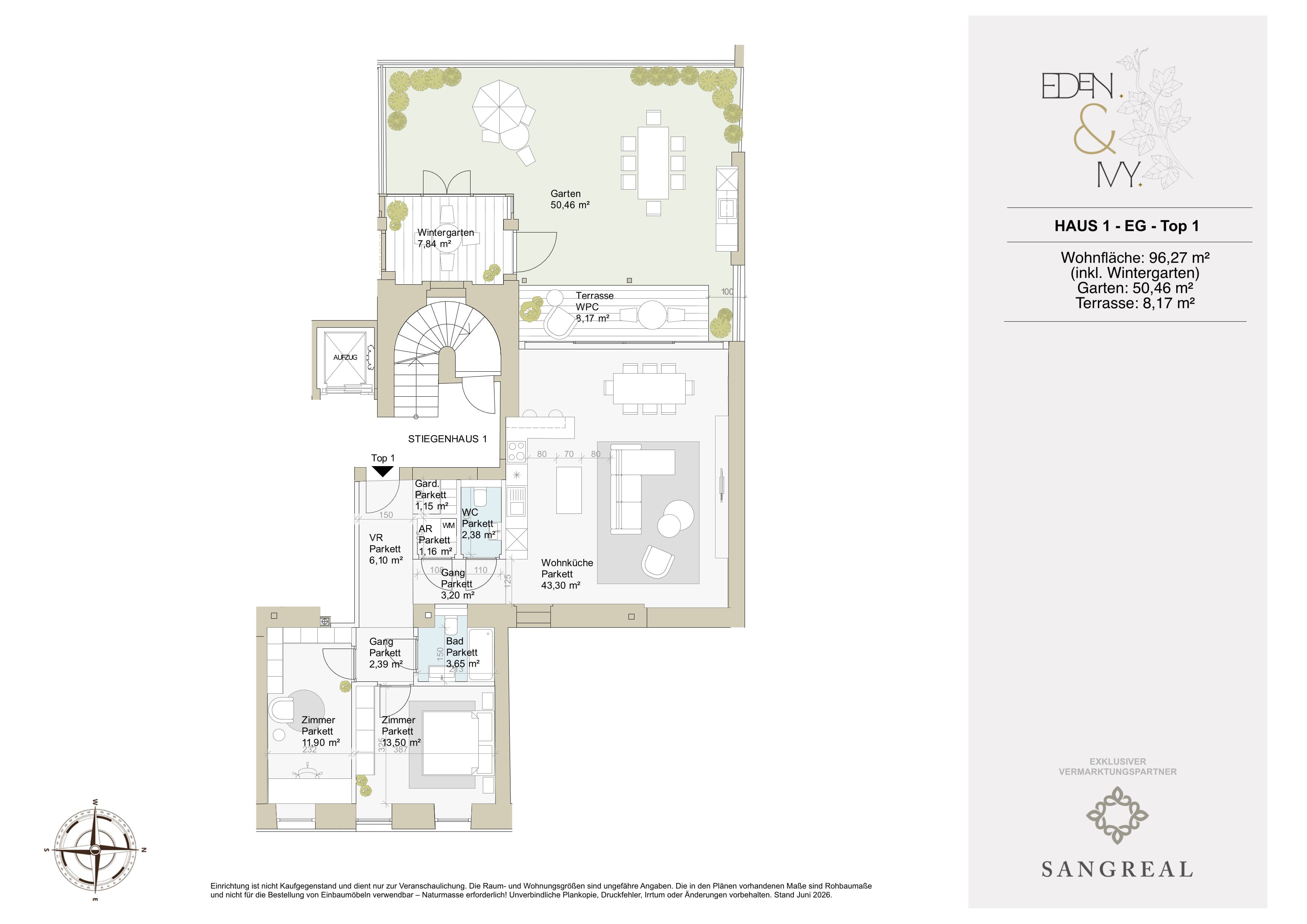 Grundriss Top 1/1V2 #1271 — EDEN & IVY — 3 Zimmer — 96,3 m² — EG
