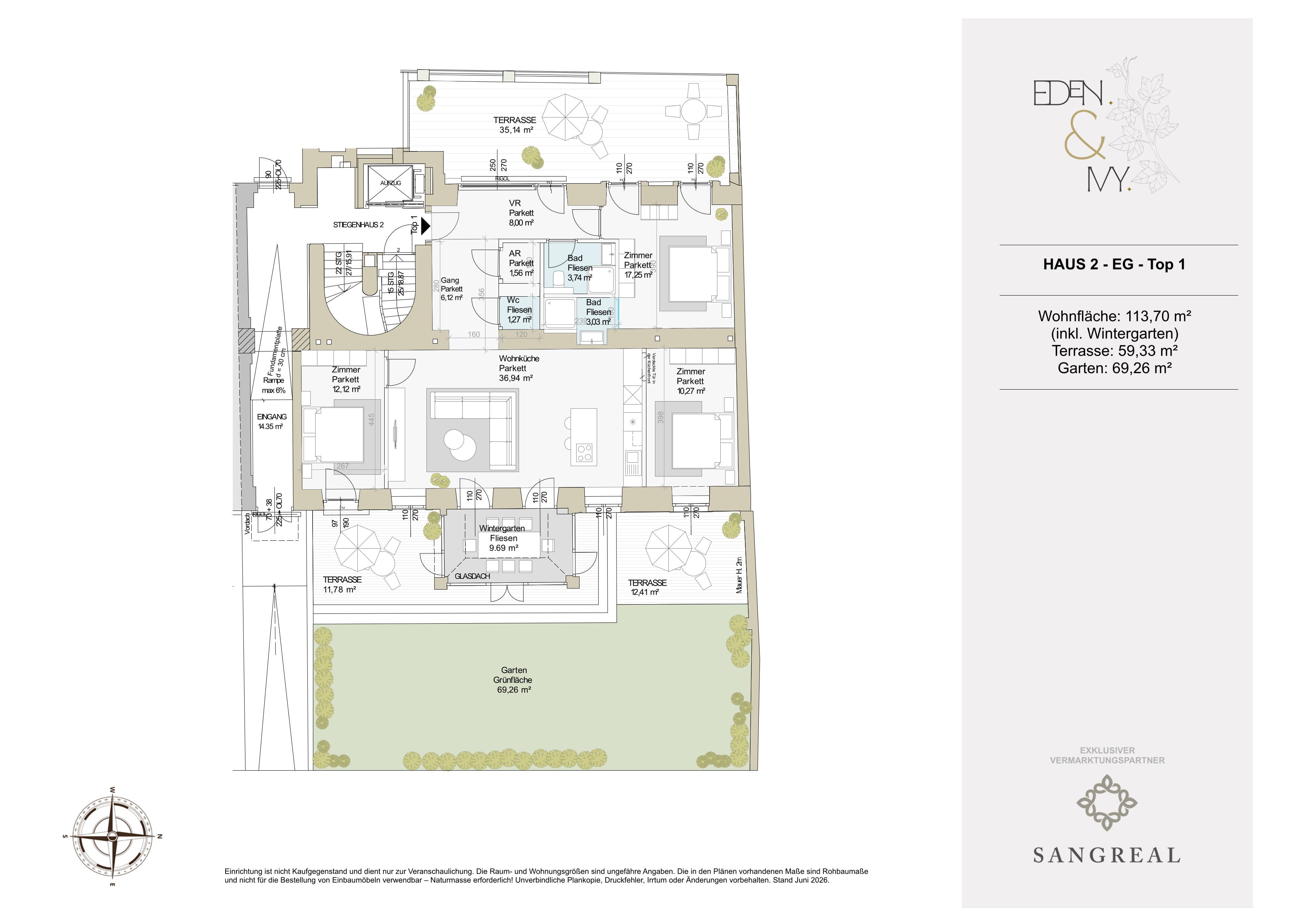 Grundriss Top 2/1 #1256 — EDEN & IVY — 4 Zimmer — 113,7 m² — EG — Ost