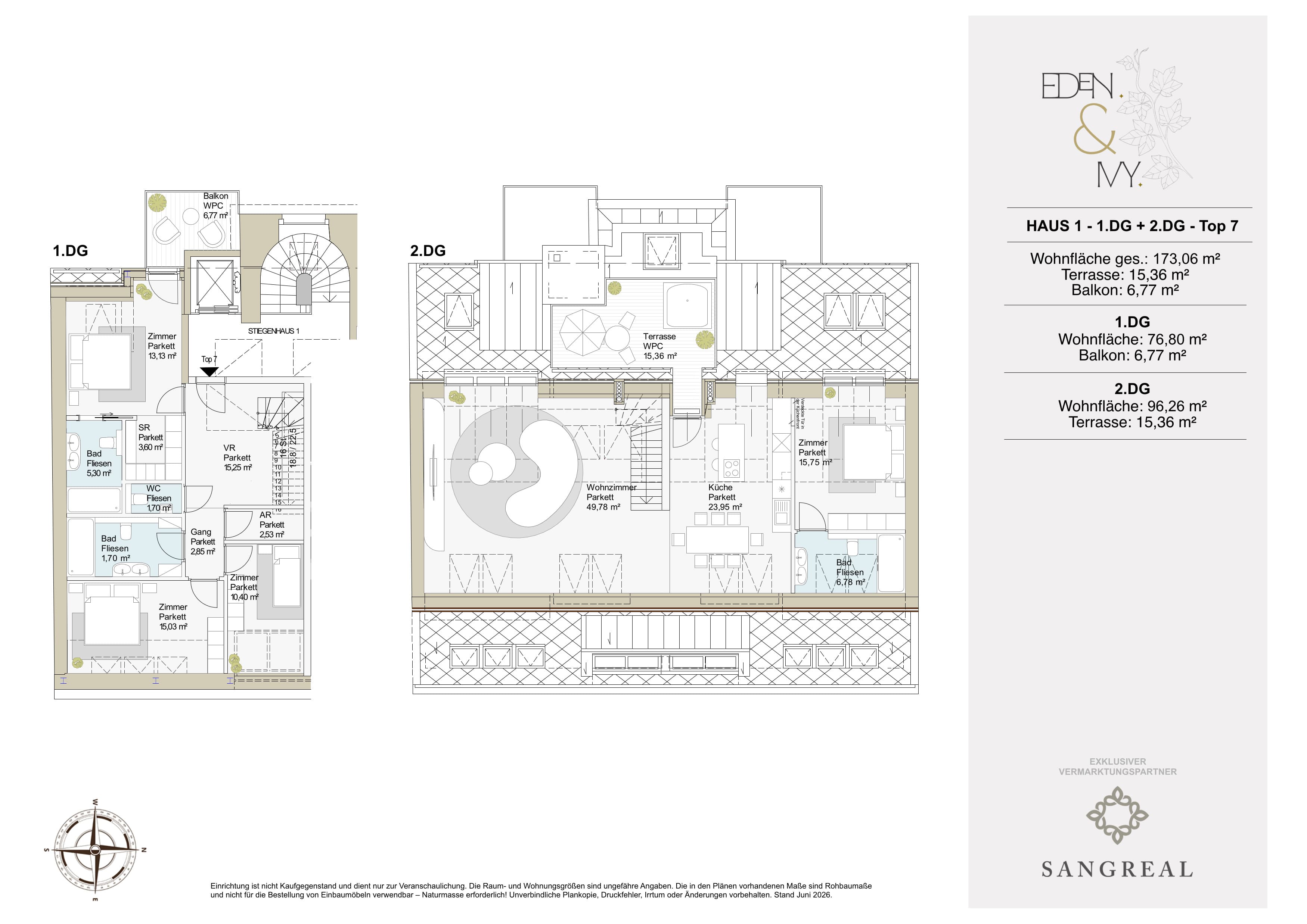 Grundriss Top 1/7 #871 — EDEN & IVY — 5 Zimmer — 173,1 m² — 1.DG + 2.DG — West