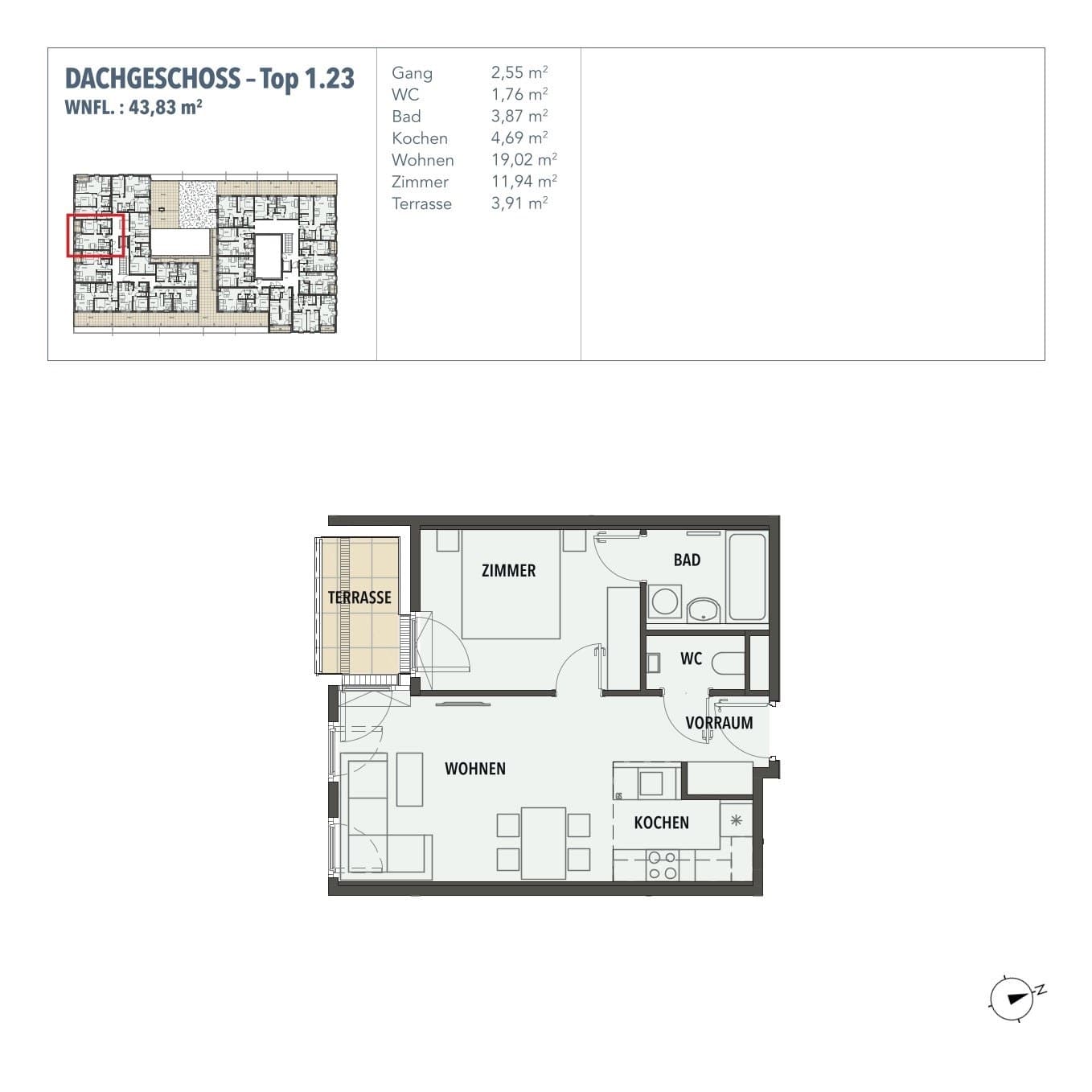 Grundriss Top 1.23 — Edi N°7 — 2 Zimmer — 43,8 m² — DG