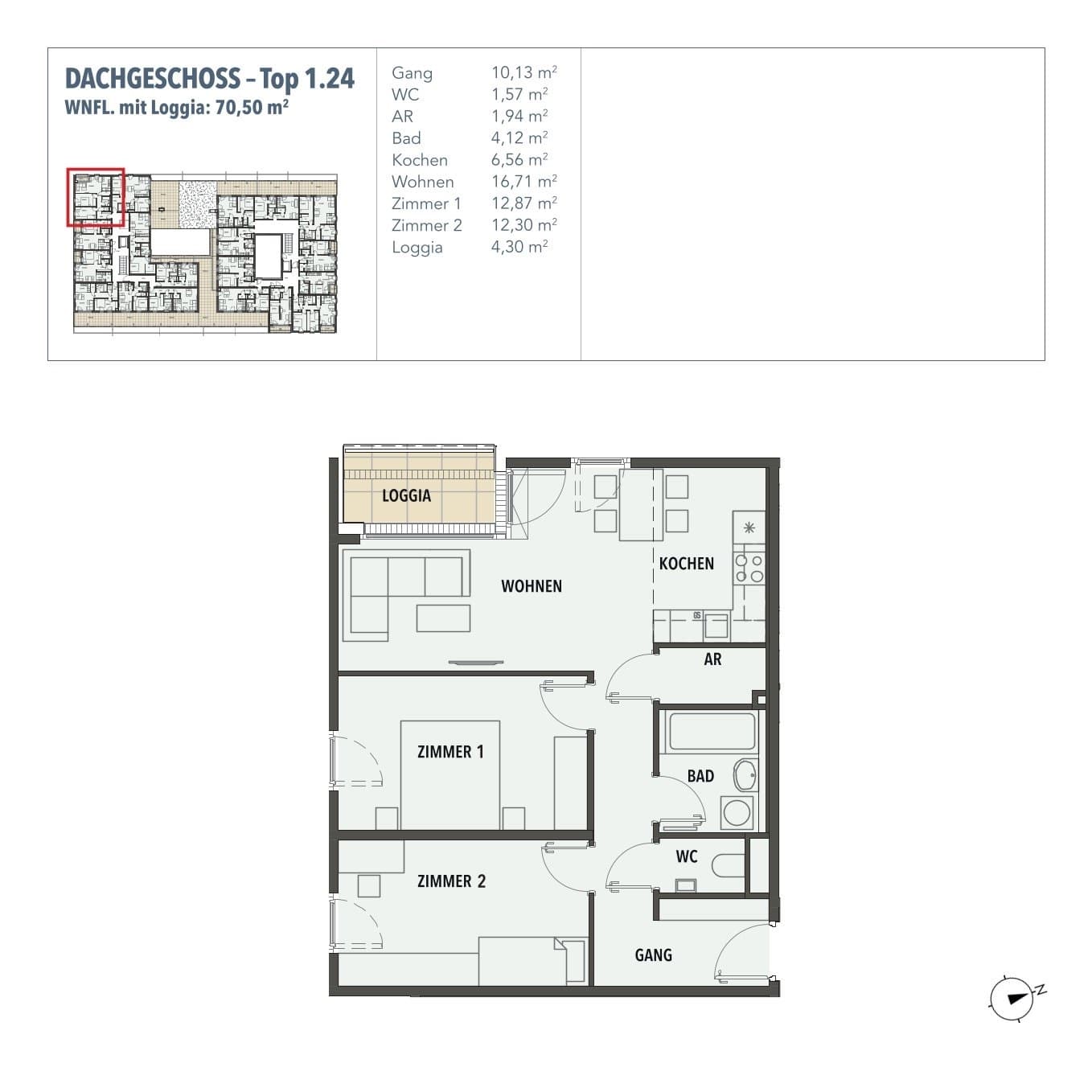 Grundriss Top 1.26 — Edi N°7 — 2 Zimmer — 58,9 m² — DG