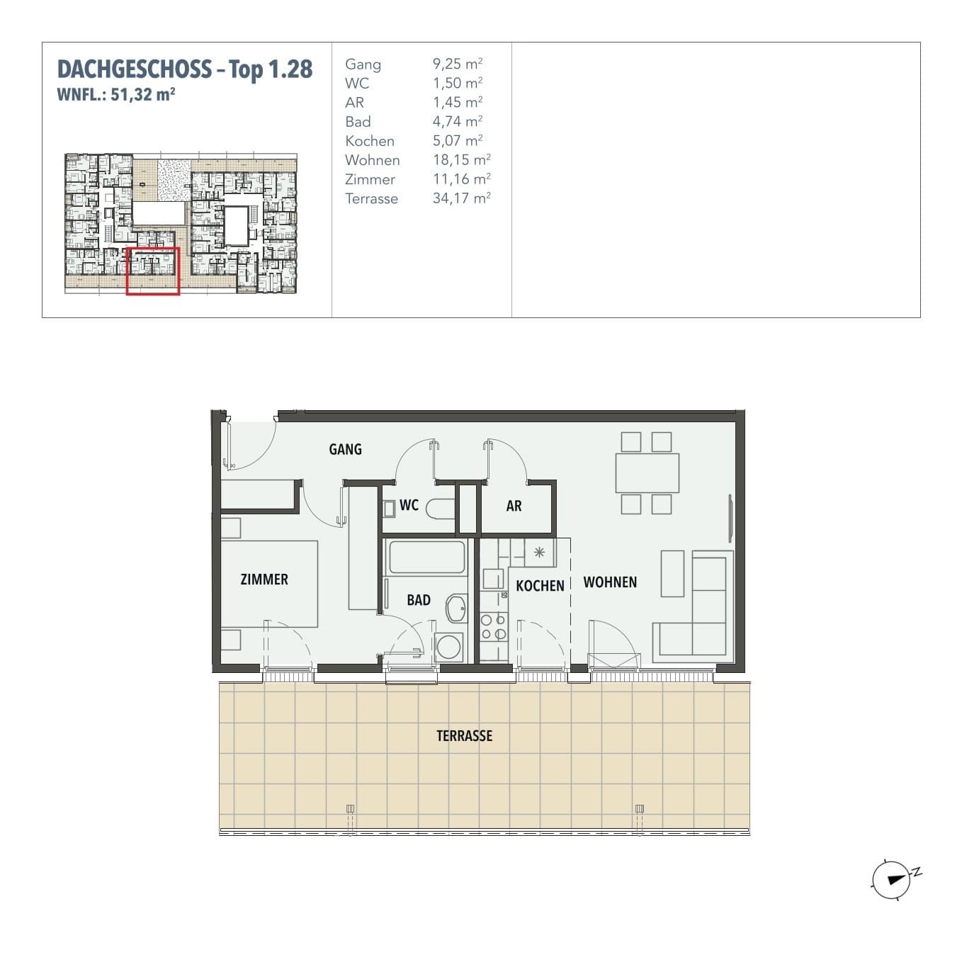Floorplan Top 1.28 — Edi N°7 — 2 Rooms — 51.3 m² — DG