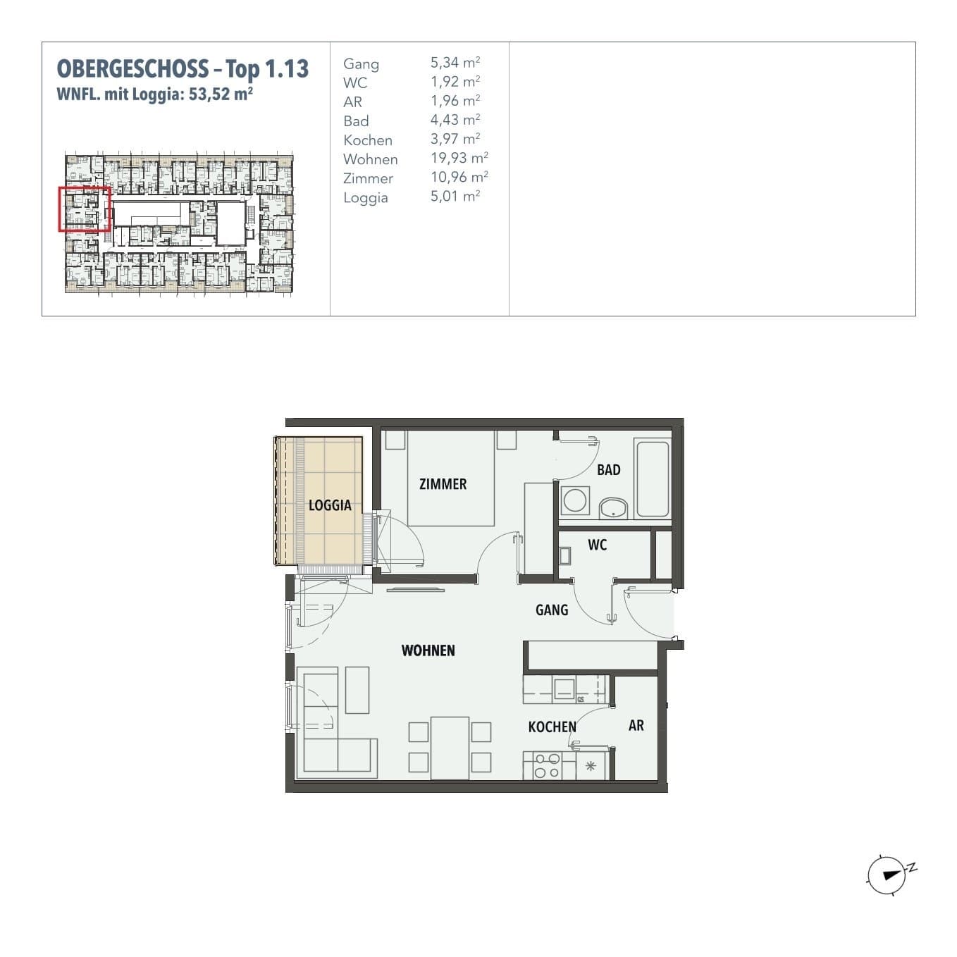 Grundriss Top 1.13 — Edi N°7 — 2 Zimmer — 48,5 m² — 1. OG