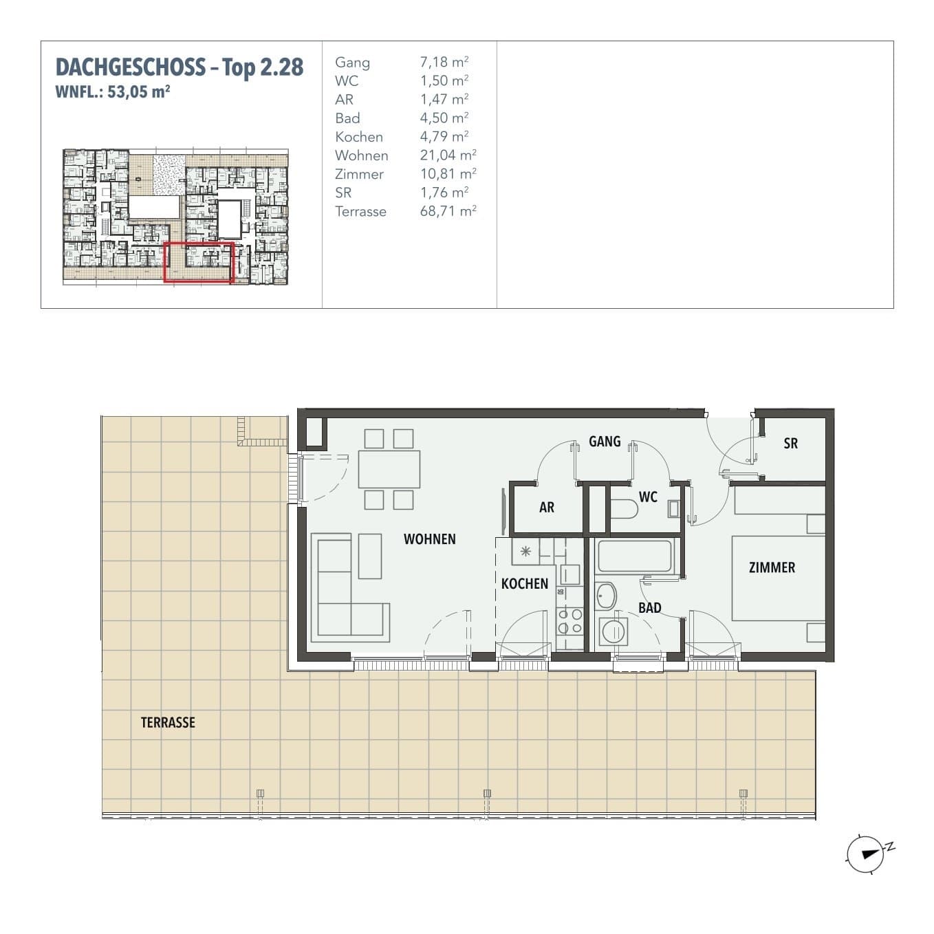 Grundriss Top 2.28 — Edi N°7 — 2 Zimmer — 53,1 m² — DG