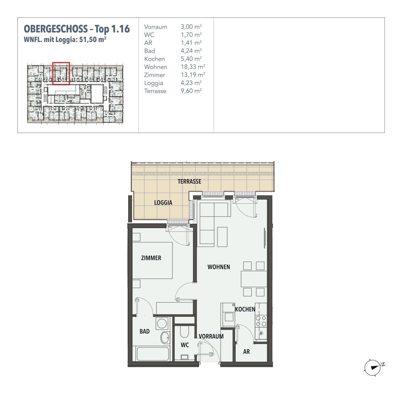 Grundriss Top 1.16 — Edi N°7 — 2 Zimmer — 47,3 m² — 1. OG