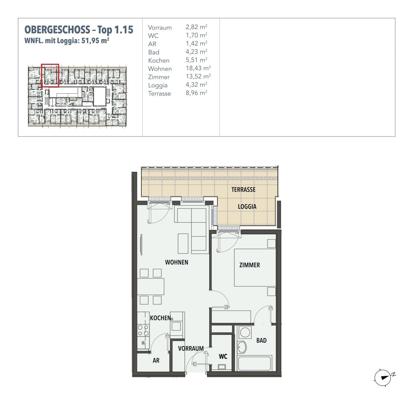 Grundriss Top 1.15 — Edi N°7 — 2 Zimmer — 47,6 m² — 1. OG