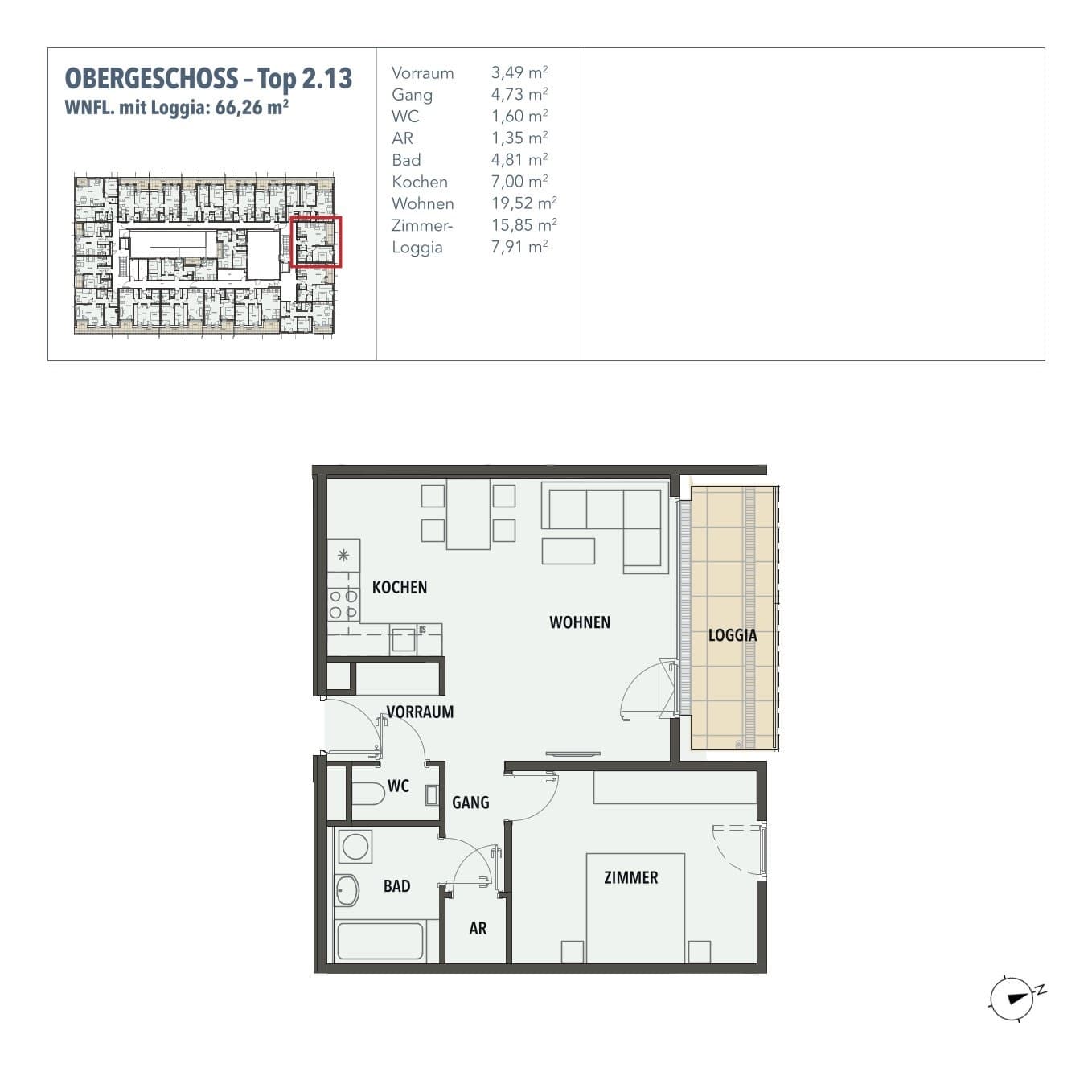 Grundriss Top 2.13 — Edi N°7 — 2 Zimmer — 58,4 m² — 1. OG