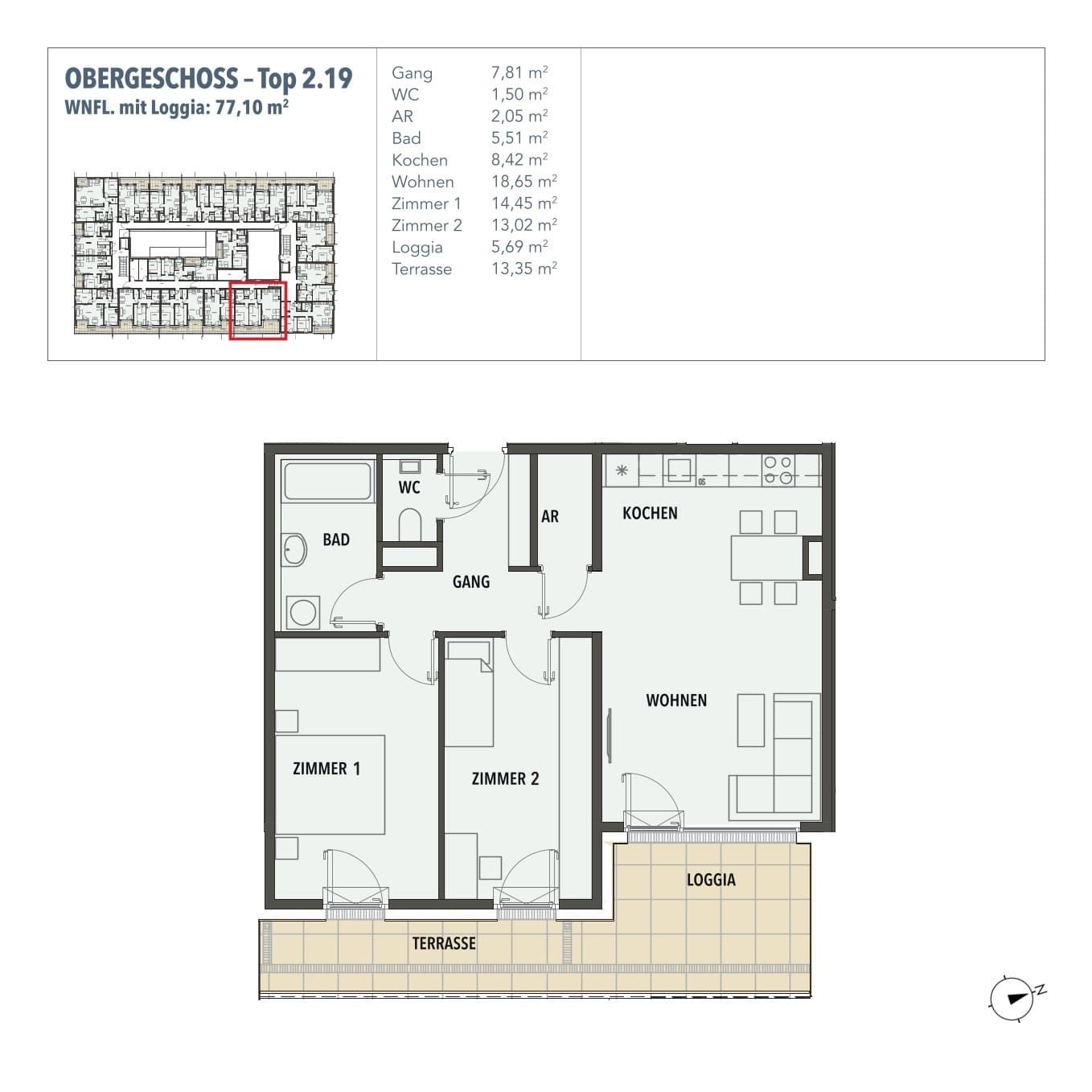 Grundriss Top 2.19 — Edi N°7 — 3 Zimmer — 71,4 m² — 1. OG