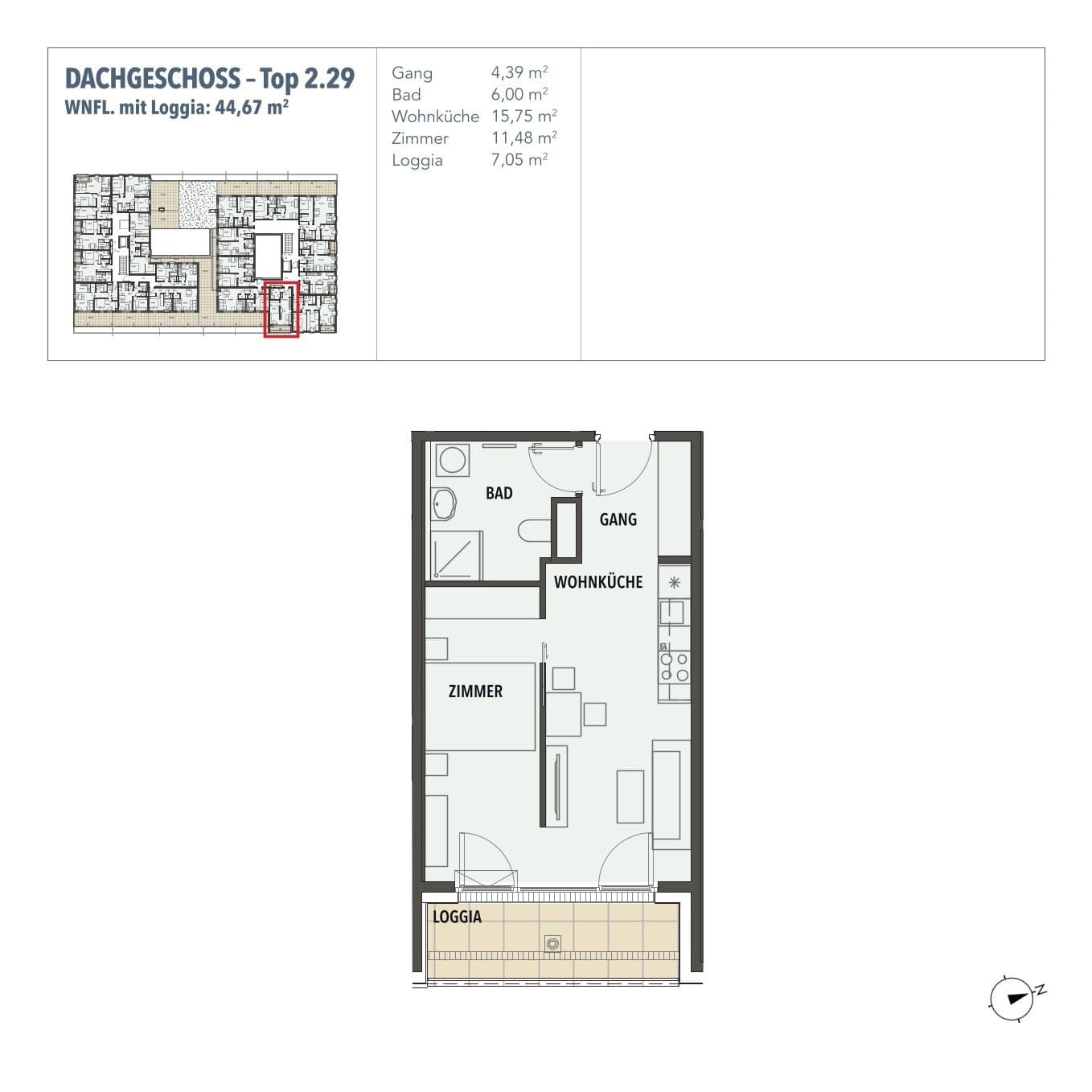 Grundriss Top 2.29 — Edi N°7 — 2 Zimmer — 37,6 m² — DG