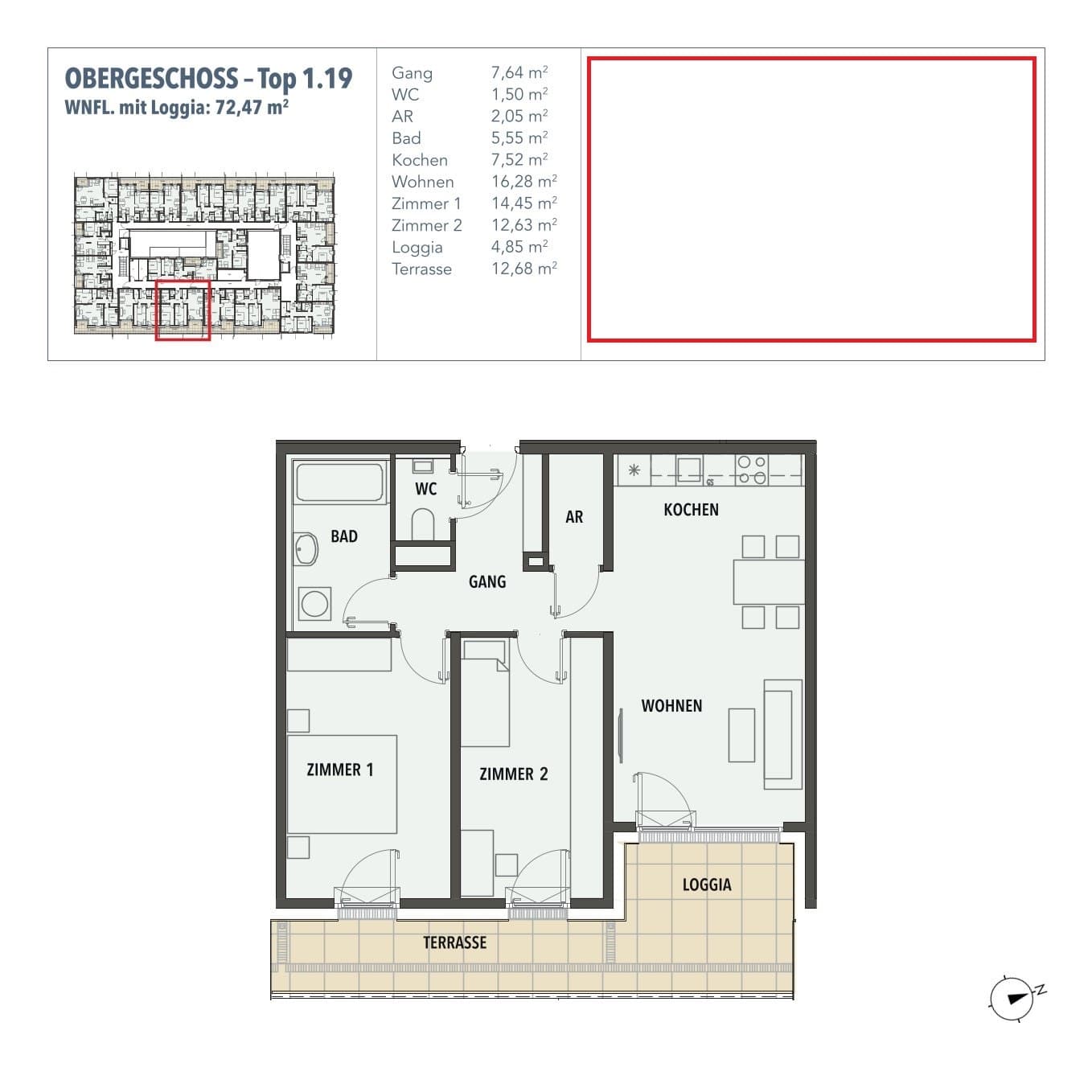 Grundriss Top 1.19 — Edi N°7 — 3 Zimmer — 67,6 m² — 1. OG
