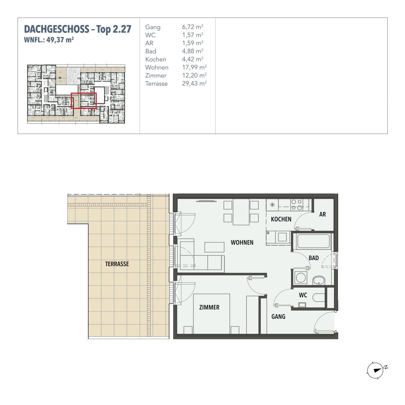 Grundriss Top 2.27 — Edi N°7 — 2 Zimmer — 49,4 m² — DG