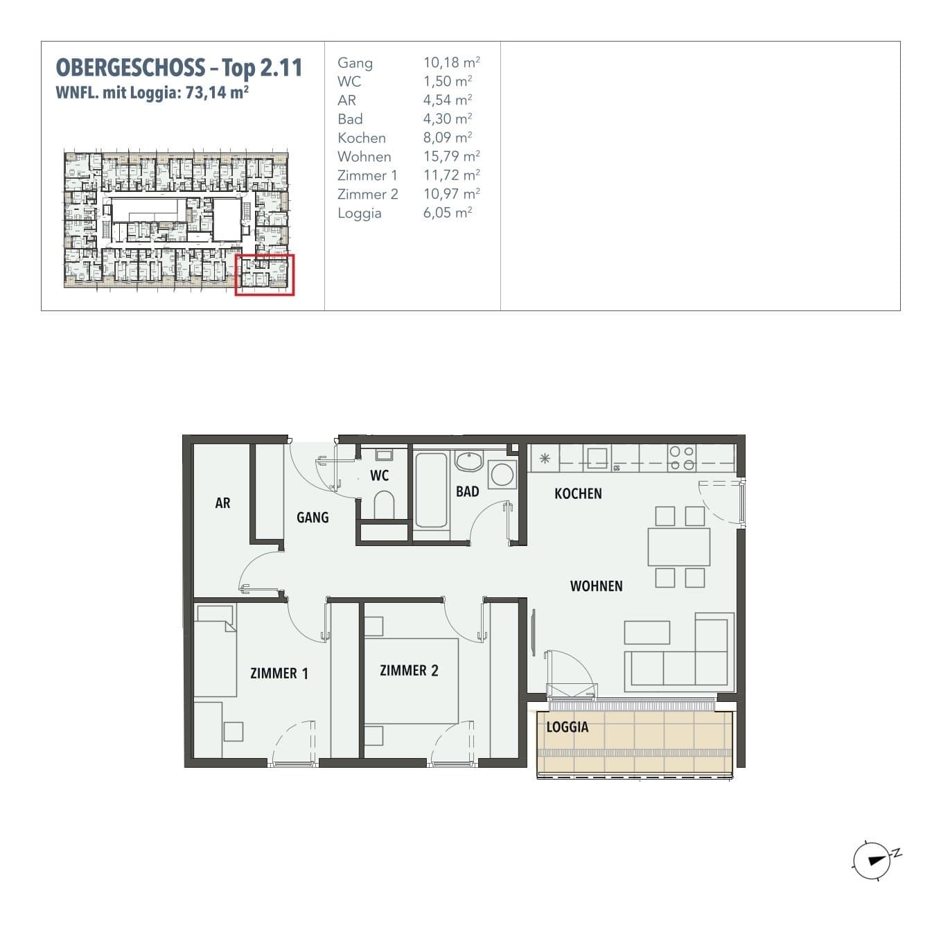 Grundriss Top 2.11 — Edi N°7 — 3 Zimmer — 67,1 m² — 1. OG