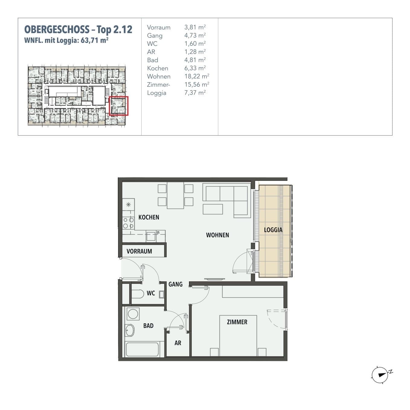 Floorplan Top 2.12 — Edi N°7 — 2 Rooms — 56.3 m² — 1. OG