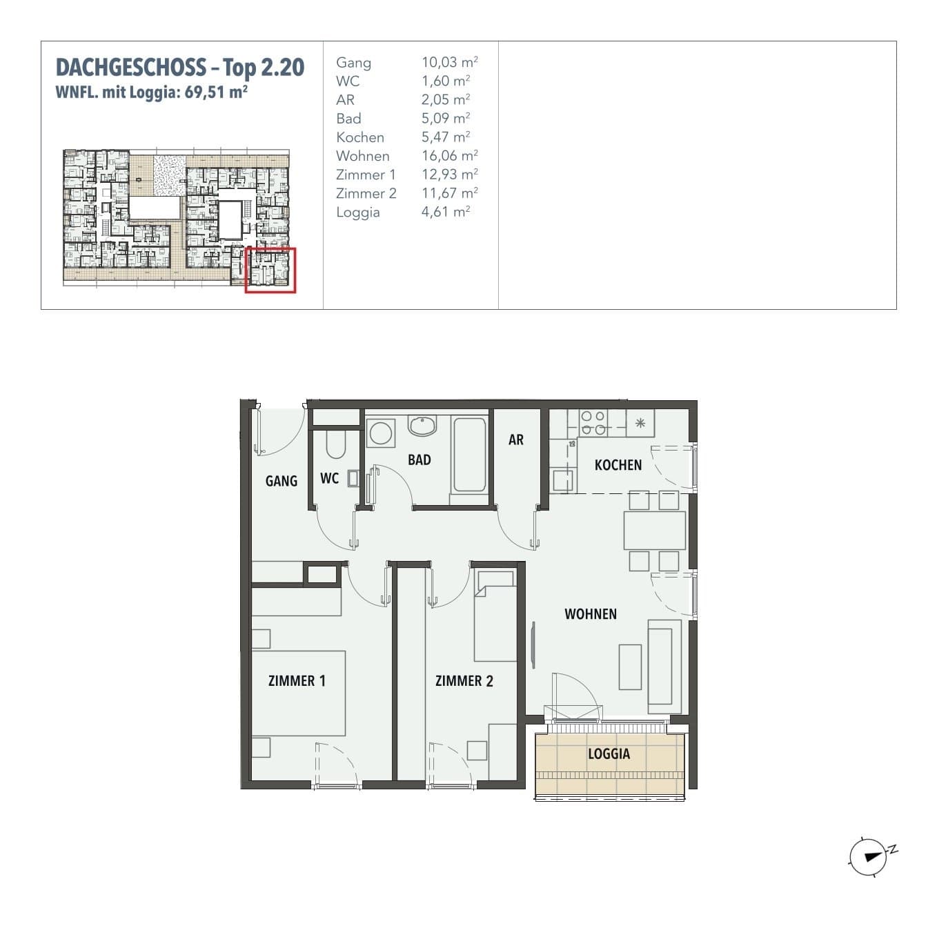 Grundriss Top 2.20 — Edi N°7 — 3 Zimmer — 64,9 m² — DG