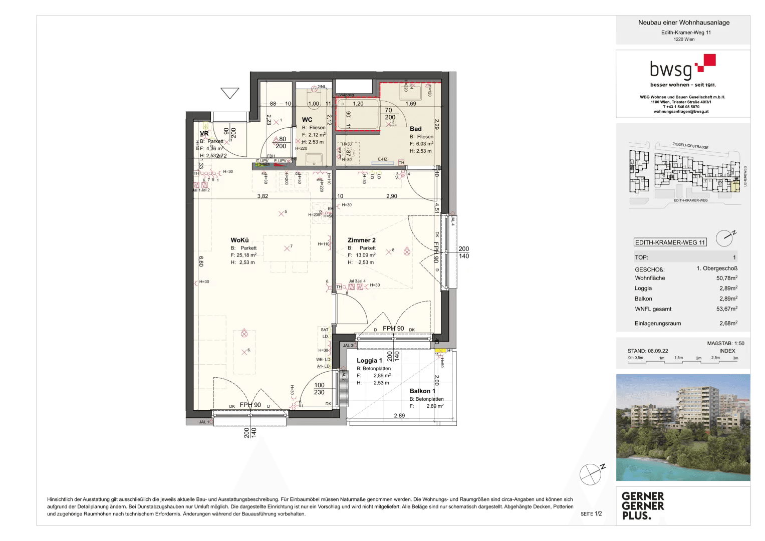 Grundriss Top 1 — Edith Kramer Weg 11 — 2 Zimmer — 50,8 m² — 1. OG — Grundriss 1/2
