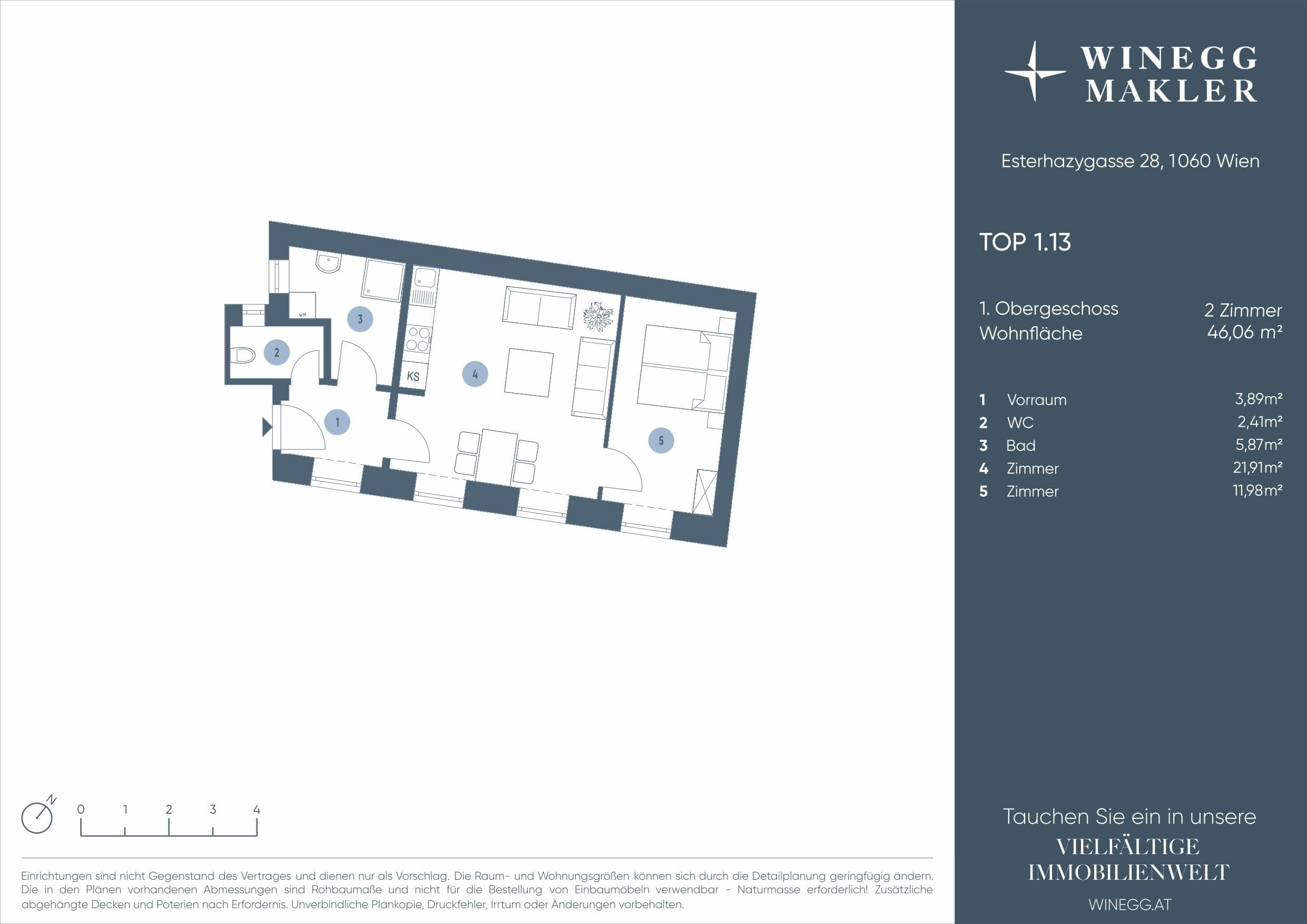 Grundriss 1/13 — Esterházygasse 28 — 2 Zimmer — 46,1 m² — 1. OG