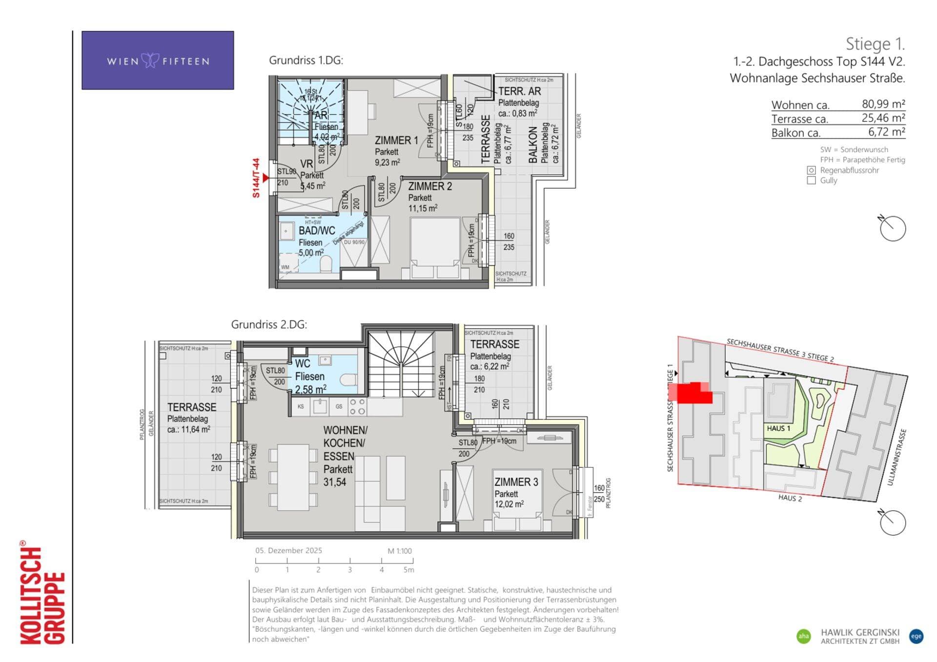 Grundriss Top S144 — WIEN FIFTEEN — 3 Zimmer — 81 m² — DG