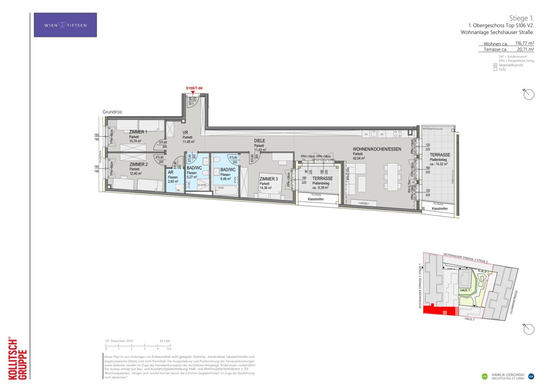 Grundriss Top S106 — WIEN FIFTEEN — 4 Zimmer — 116,8 m² — 1. OG