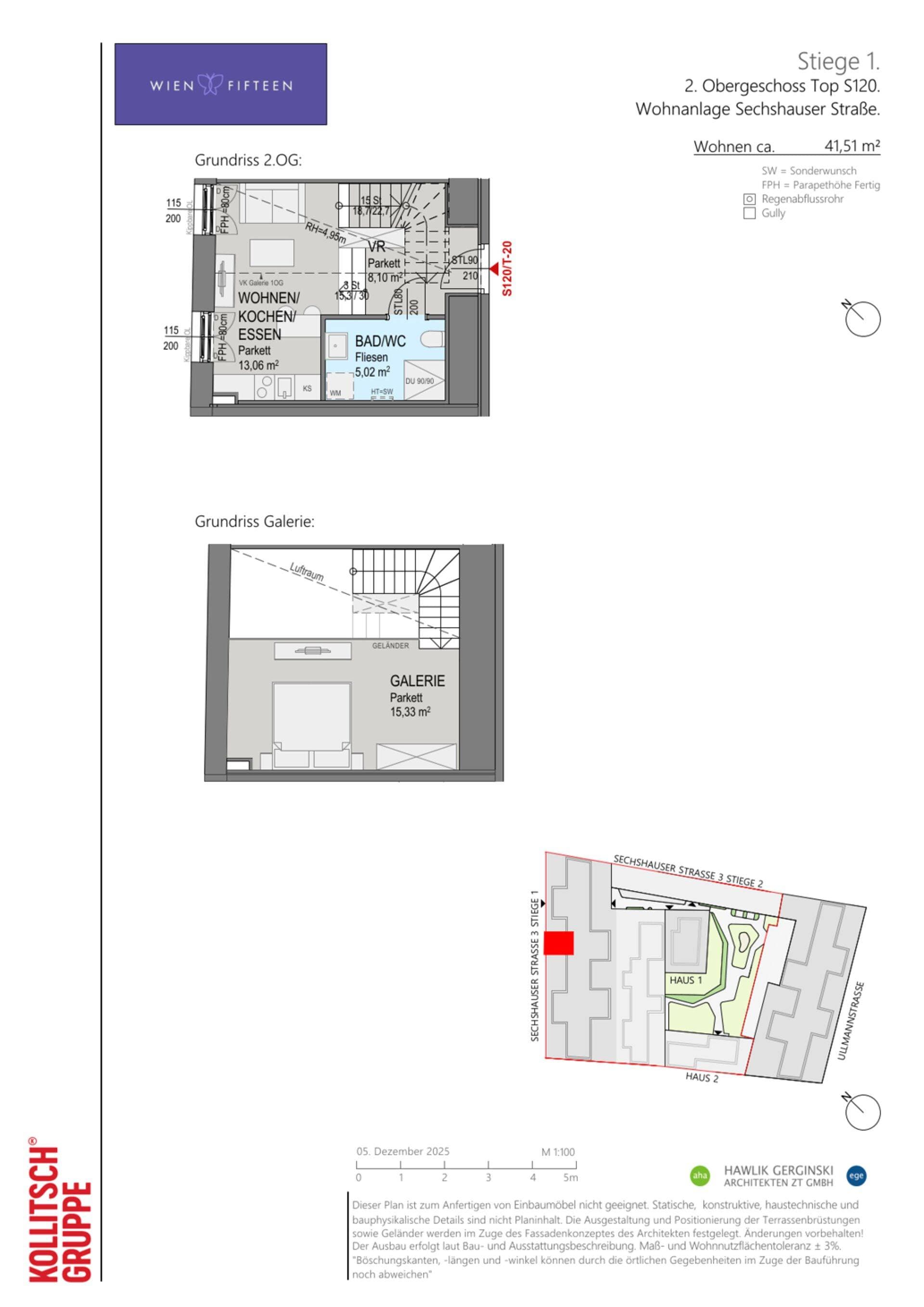 Grundriss Top S120 — WIEN FIFTEEN — 1 Zimmer — 41,5 m² — 2. OG