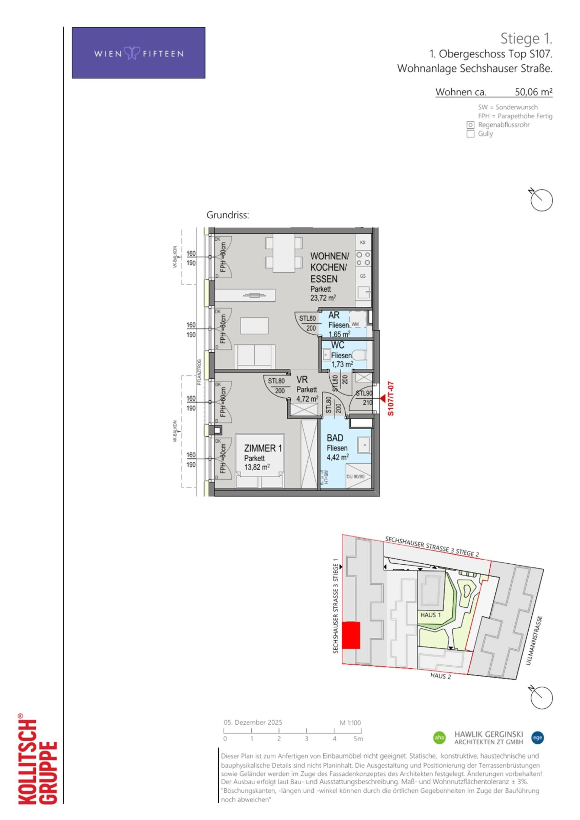 Grundriss Top S107 — WIEN FIFTEEN — 3 Zimmer — 50,1 m² — 1. OG