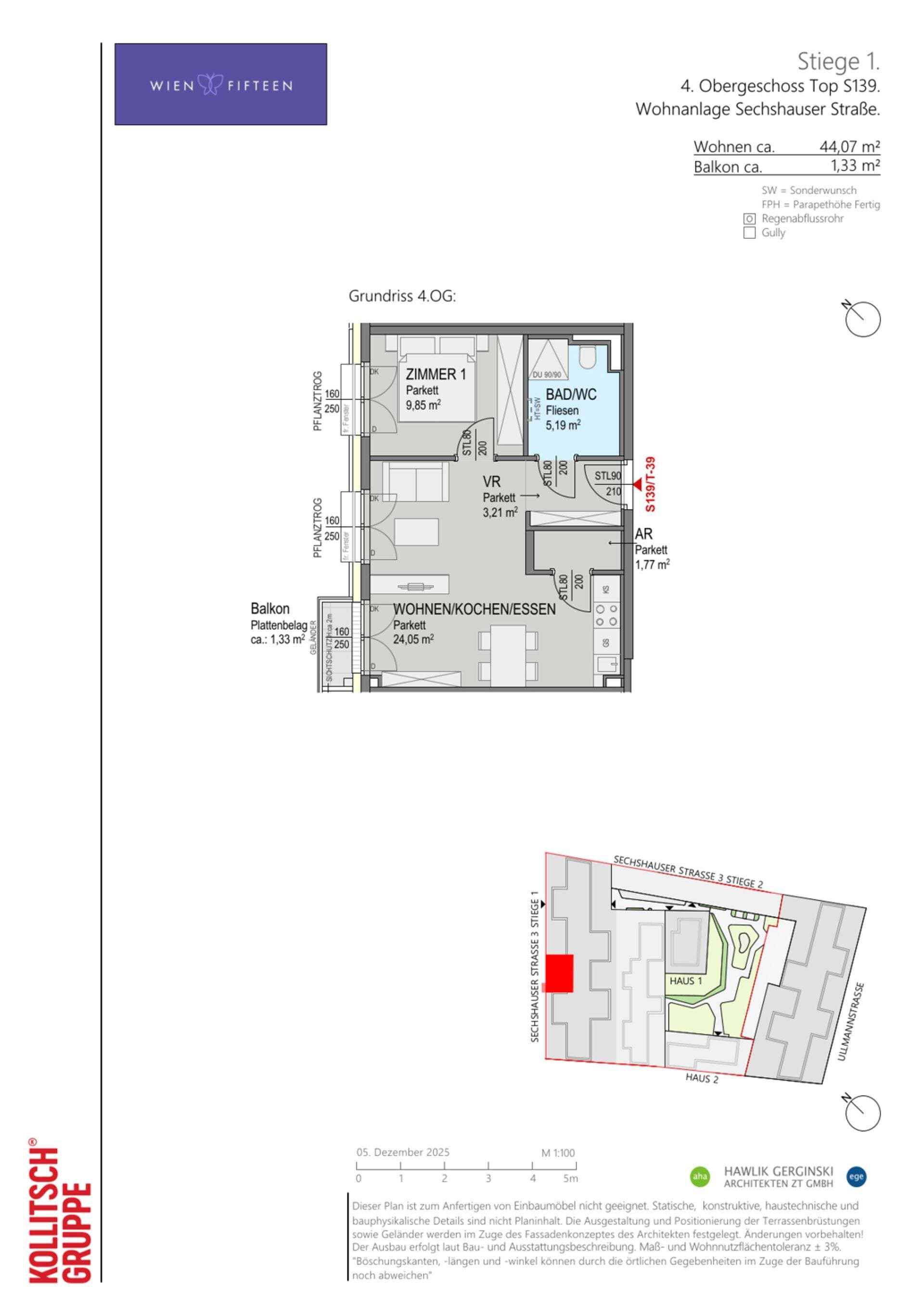 Grundriss Top S139 — WIEN FIFTEEN — 2 Zimmer — 44,1 m² — 4. OG