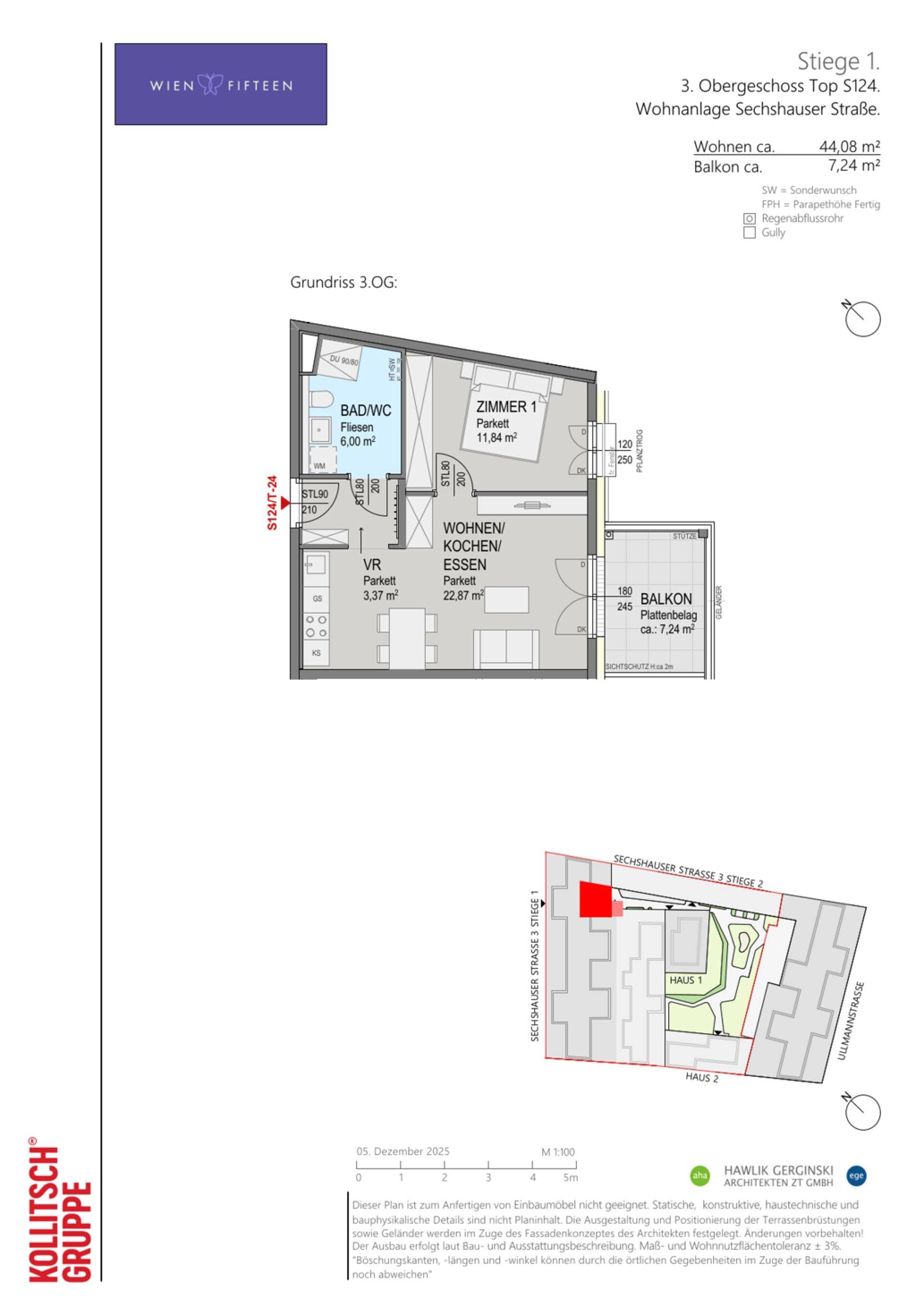 Grundriss Top S124 — WIEN FIFTEEN — 2 Zimmer — 44,1 m² — 3. OG