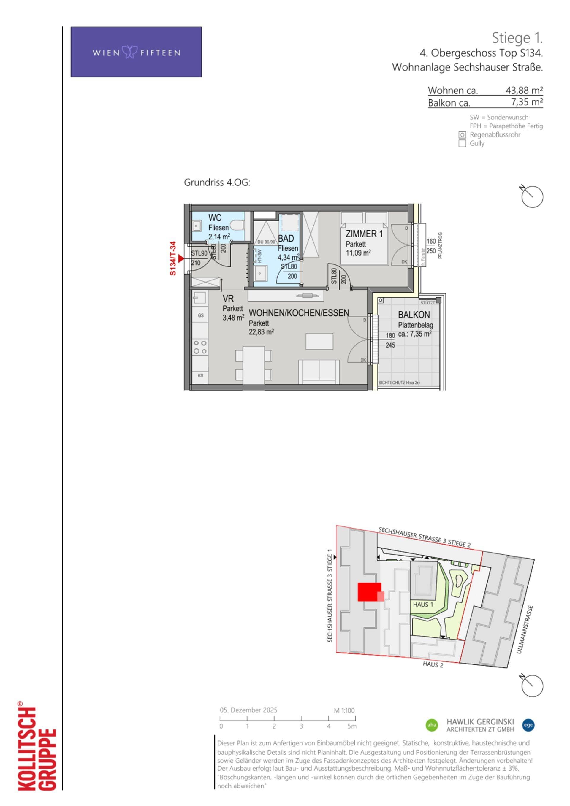 Grundriss Top S134 — WIEN FIFTEEN — 2 Zimmer — 43,9 m² — 4. OG