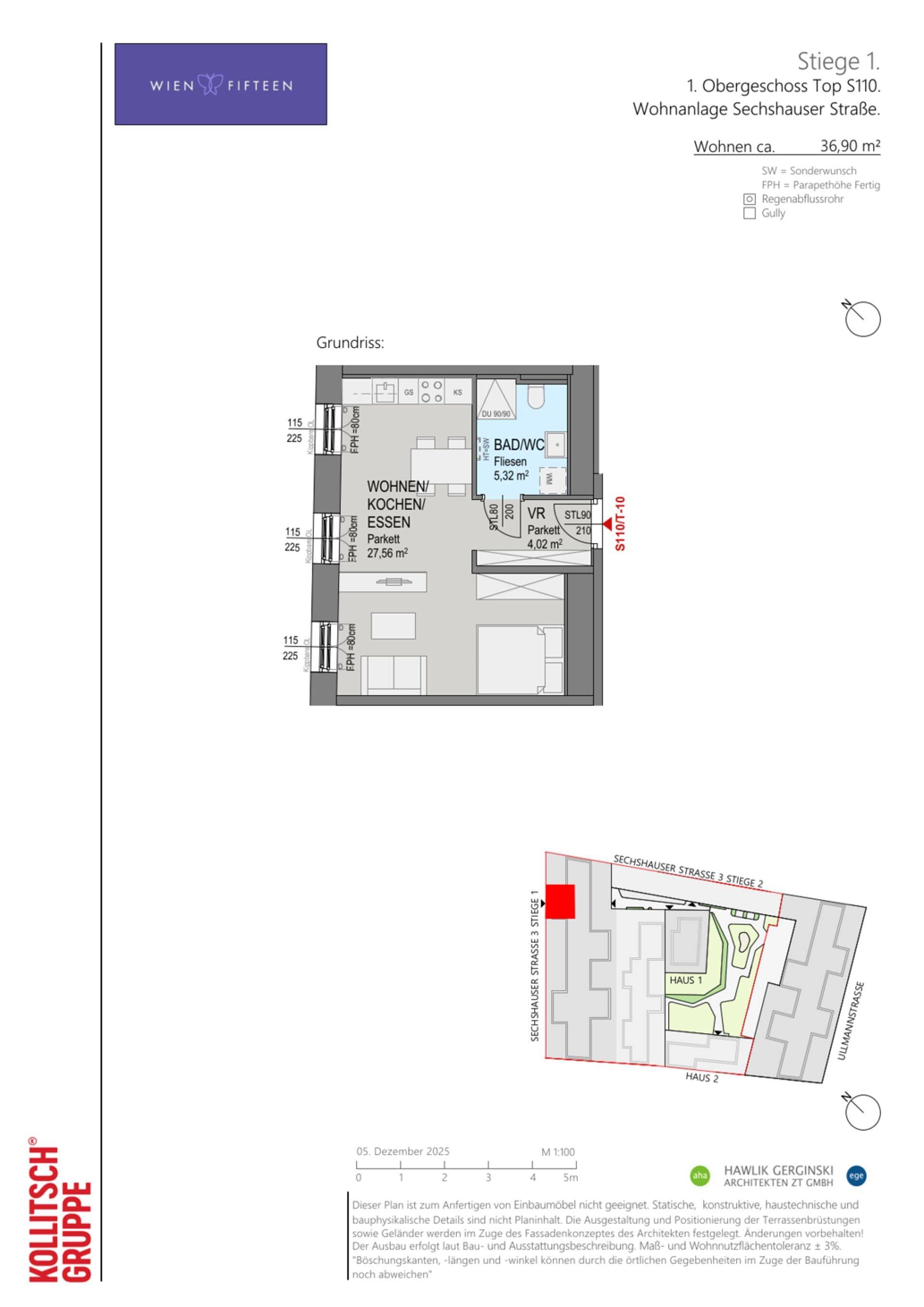 Grundriss Top S110 — WIEN FIFTEEN — 1 Zimmer — 36,9 m² — 1. OG