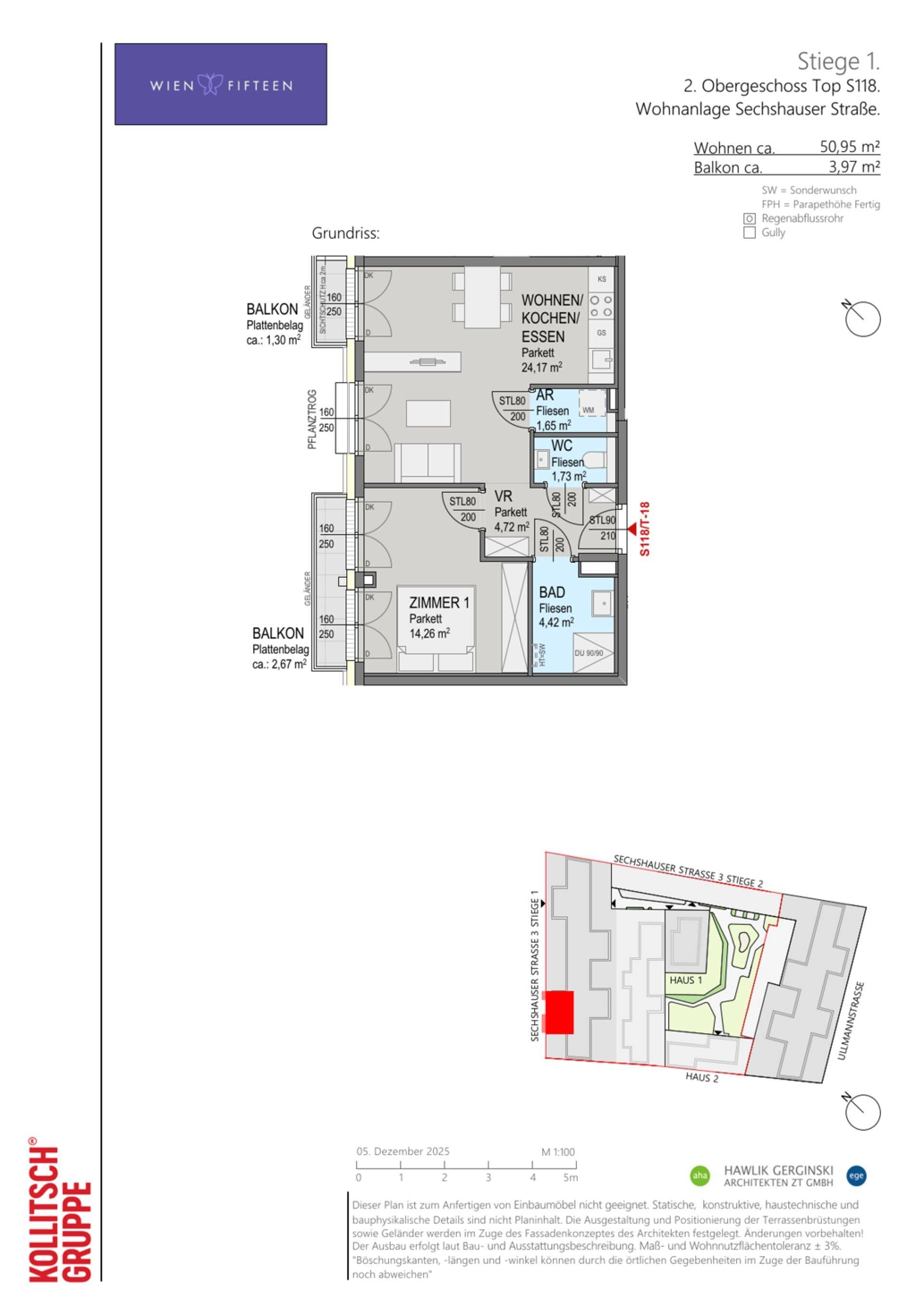 Grundriss Top S118 — WIEN FIFTEEN — 3 Zimmer — 51 m² — 2. OG