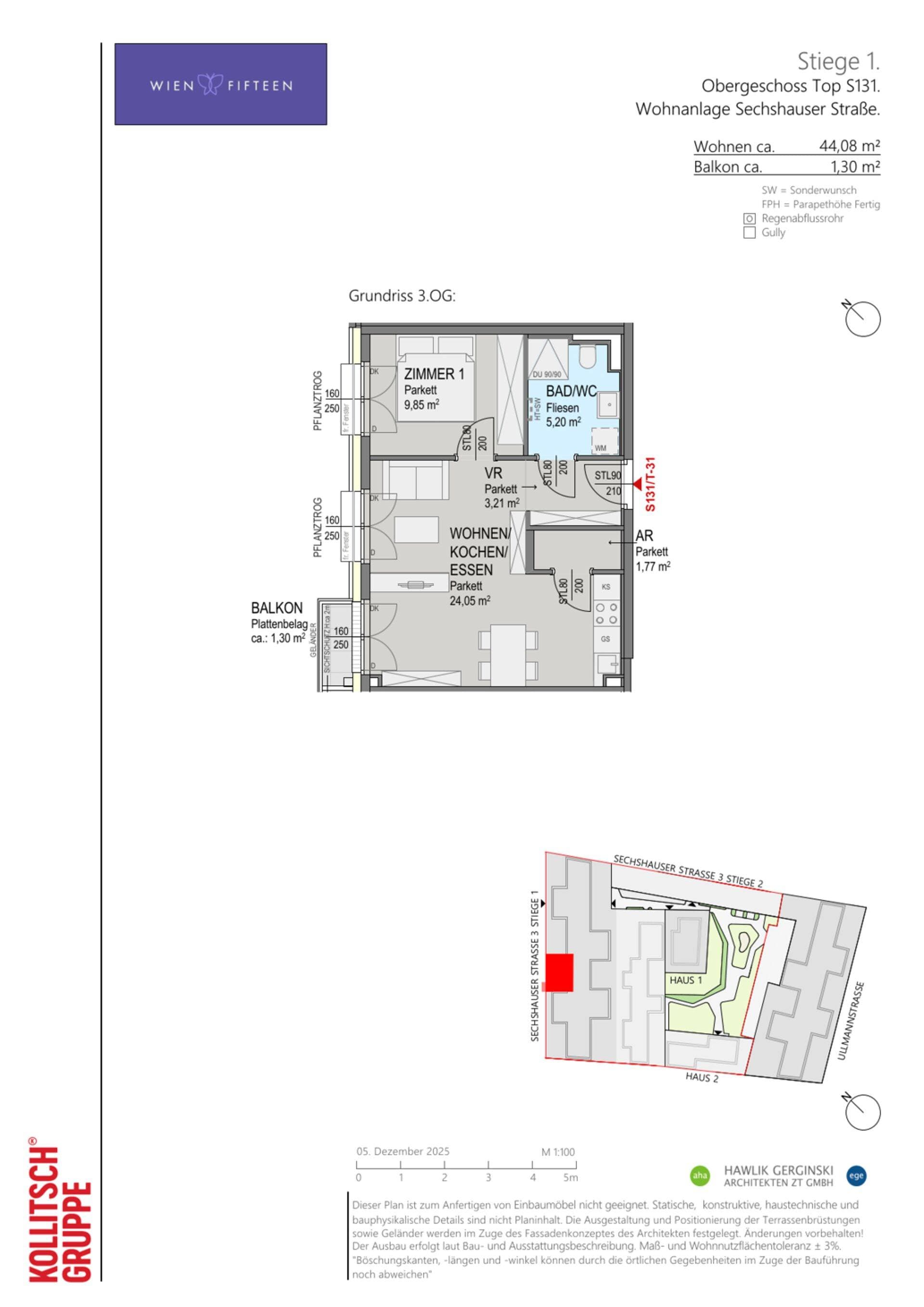 Grundriss Top S131 — WIEN FIFTEEN — 2 Zimmer — 44,1 m² — 3. OG