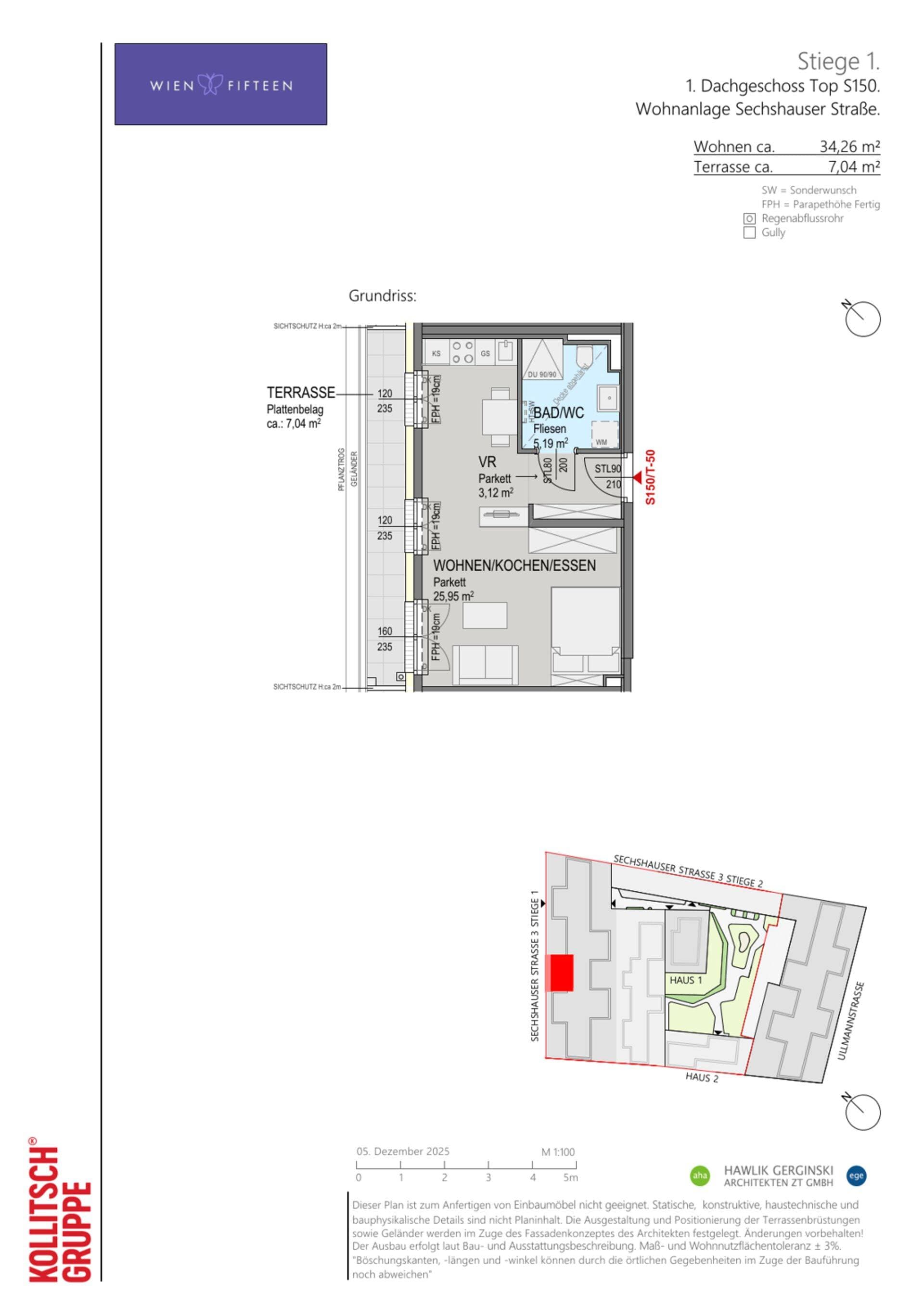Grundriss Top S150 — WIEN FIFTEEN — 1 Zimmer — 34,3 m² — DG