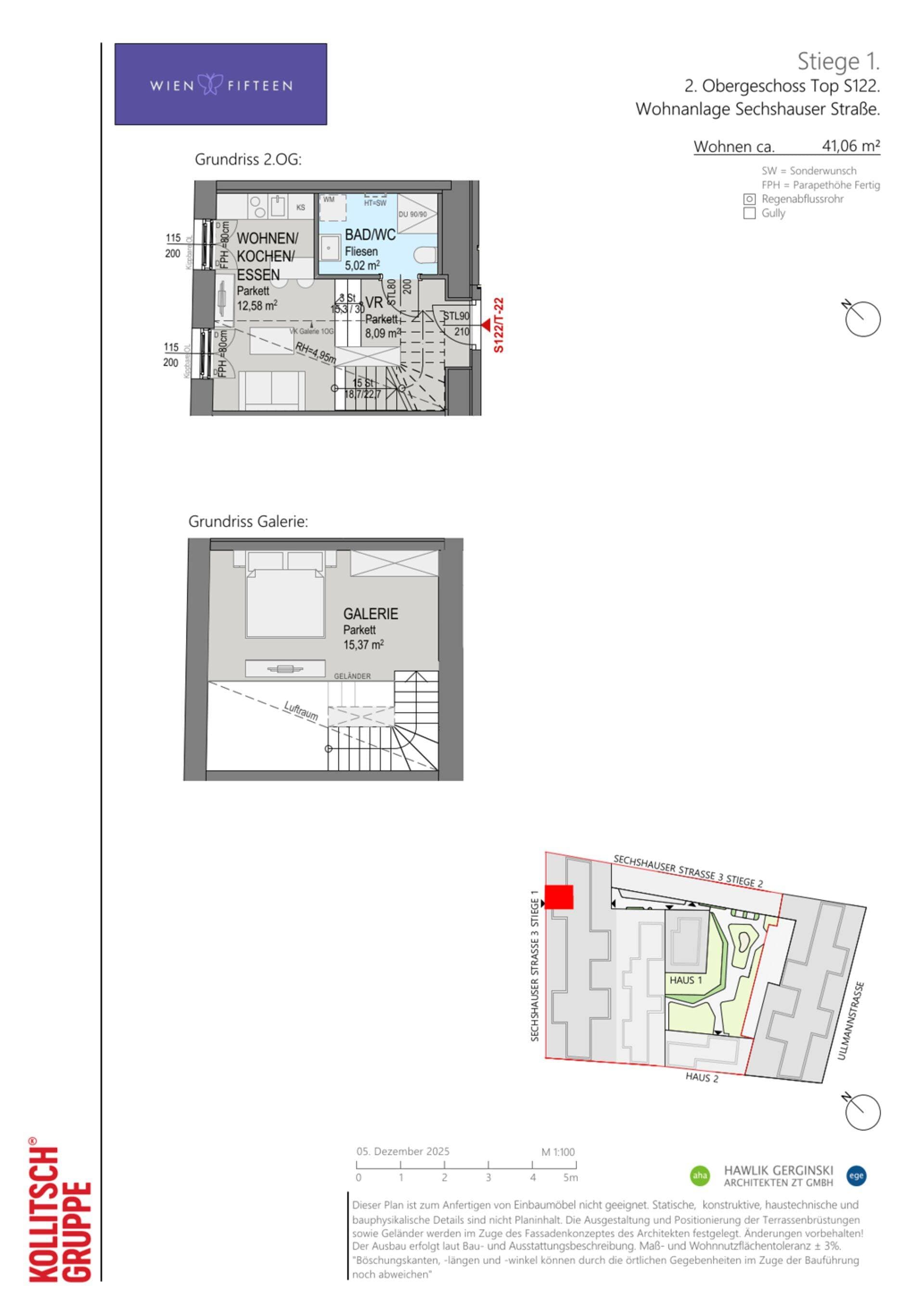 Grundriss Top S122 — WIEN FIFTEEN — 1 Zimmer — 41,1 m² — 2. OG