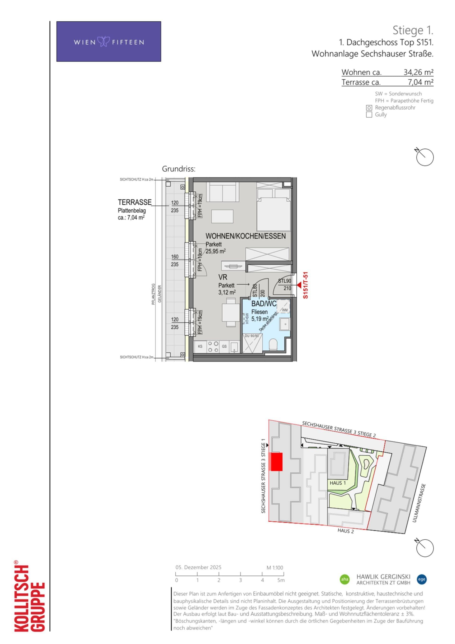 Grundriss Top S151 — WIEN FIFTEEN — 1 Zimmer — 34,3 m² — DG
